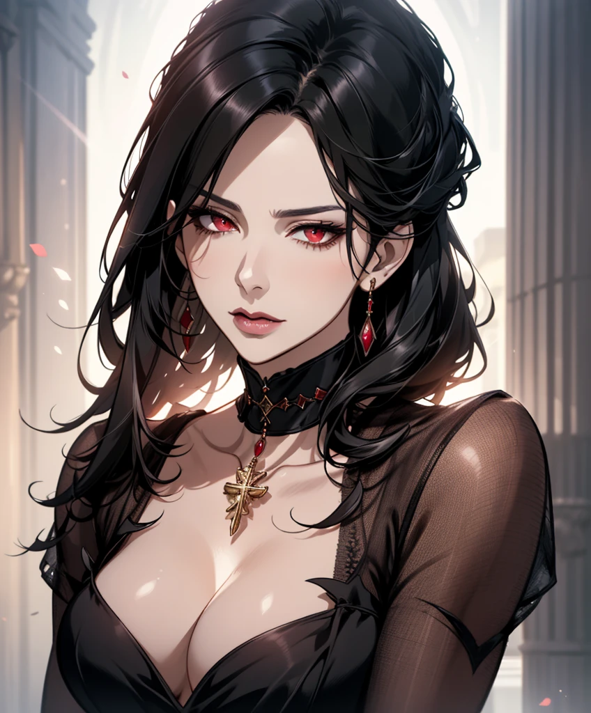 Realistic Portrait, Elegant mature woman (1 female), with red eyes, black hair, long hair, ruby amulet, focus on face, close up shot, cleavage, gothic black dress, only upper body, up to waist, soft light, high detail, 4k resolution, high quality, beautiful CG