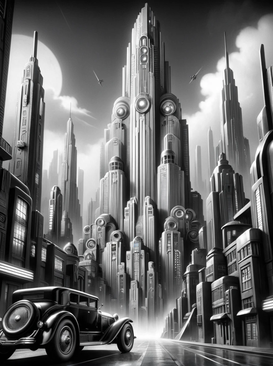 car, city, futuristic, Stylized, Art Deco, expressionist, 1920s, Mad-Ropolis movie in black and white, (masterpiece:1.2),  best quality, ( hyperdetailed , highest detailed:1.2),  high resolution textures 