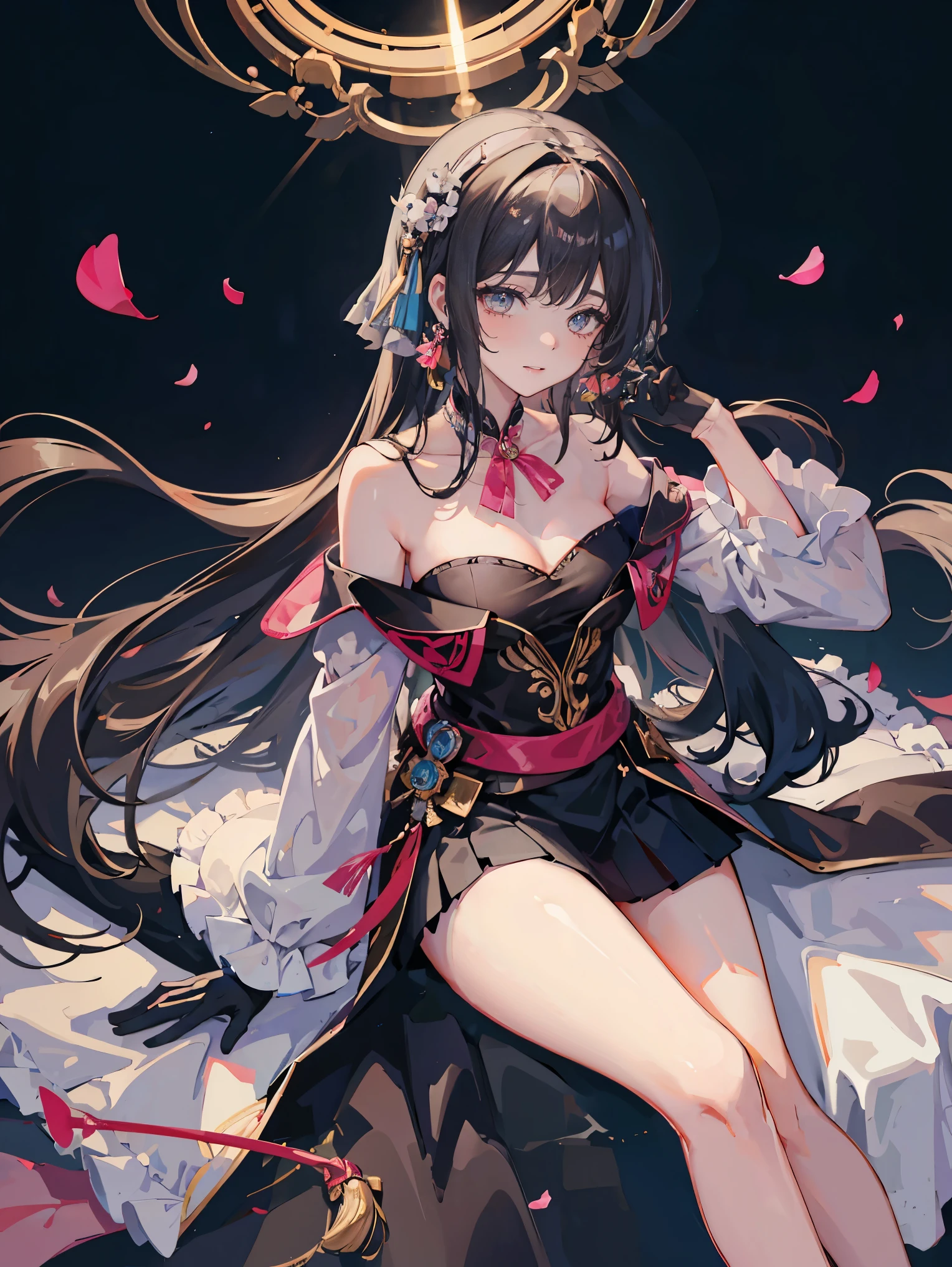 Jobria , angel wings , beautiful woman , (photorealistic), backlit, skirt,Gloves, black hair, Smile, earrings, flowing hair , Fluffy Hair , , gold belt , Hair flowers, hair accessories, ((headband)), jewelry, Light Particles, long hair, Look at the audience, 粉白色的skirt, Off-shoulder, petal, Side Rock, alone, 一件漂亮的skirt, ((masterpiece)), Pink theme,