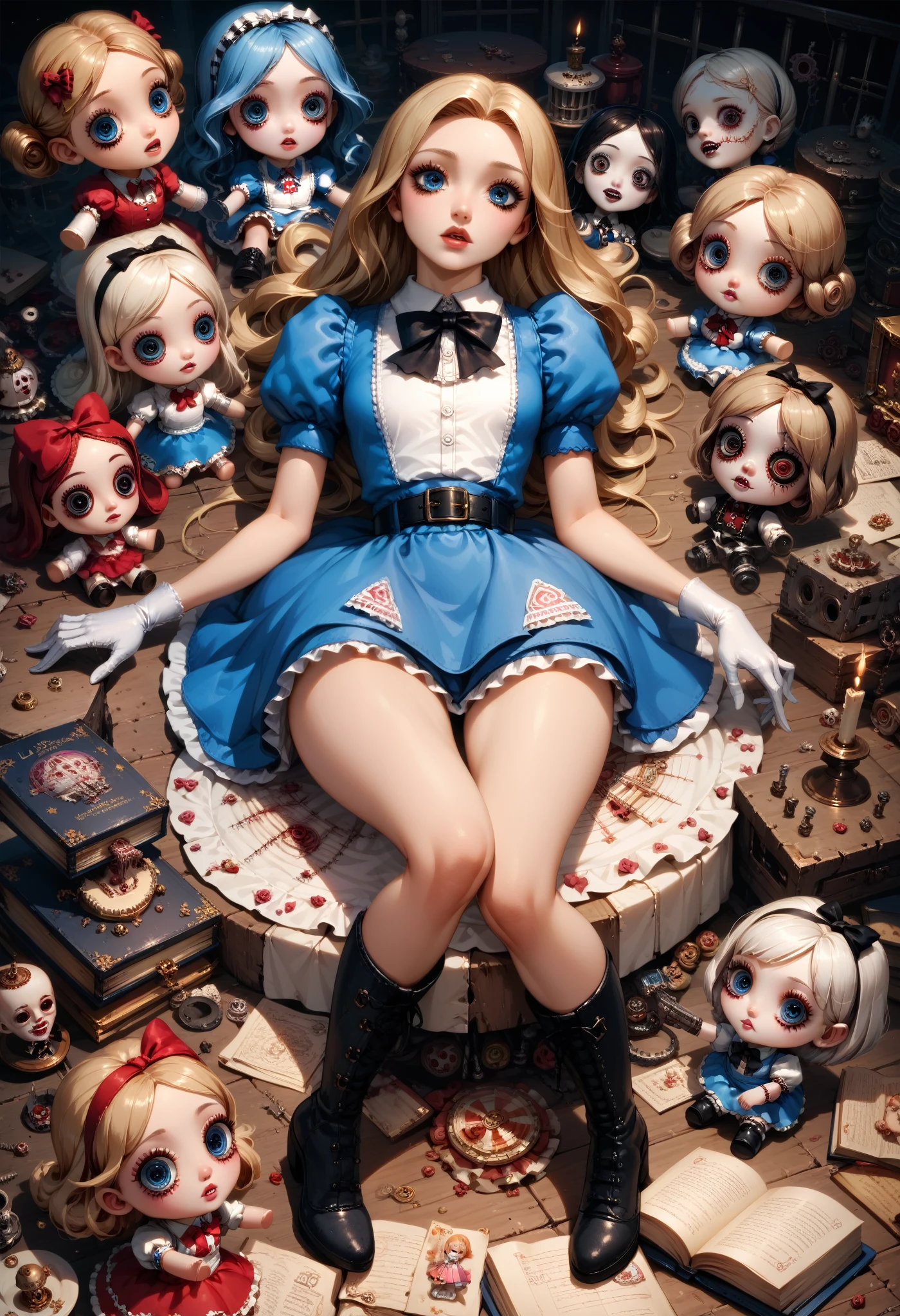 A doll girl , ( porcelain doll) , alice in wonderland, (((horror))), Scarily adorable, Blue Dress, ,belt,Blue eyes,gloves,boots,white gloves,vambraces, (AKDTFLPD),  wide hips,  big butt ,  Detailed eyes , beautiful eyes,  long eyelashes, labios gruesos, ( masterpiece ), (La mejor calidad), In a doll cemetery