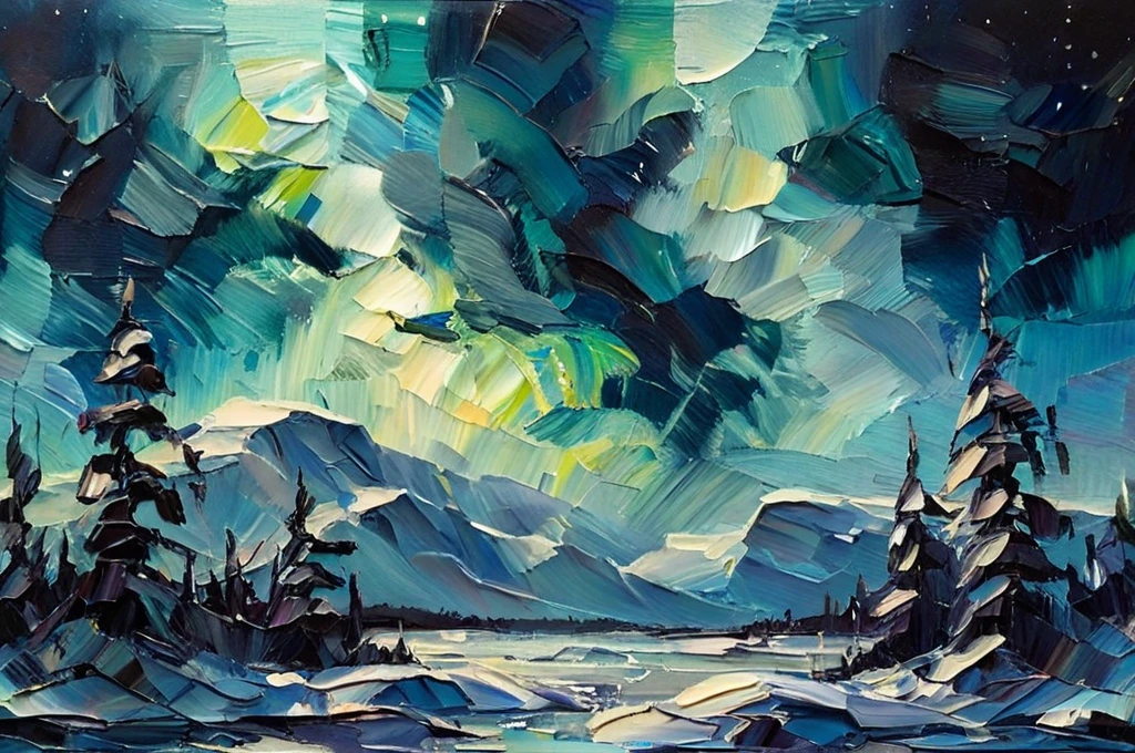 High Quality, Masterpiece, Award Winning, palette knife painting, A highly stylized white oil painting with textured brushstrokes that add depth and movement to an arctic scene. The subject captures the Northern Lights illuminating the night sky over a frozen lake, casting an otherworldly glow in white, light gray, and aqua hues. The icy landscape reflects the lights with shimmering details, and the rugged trees stand against the vast, mystical sky. Dramatic, bold brushstrokes add texture to the scene, with layers of light and shadow creating a cinematic effect that captures the cold beauty and serenity of the arctic night.