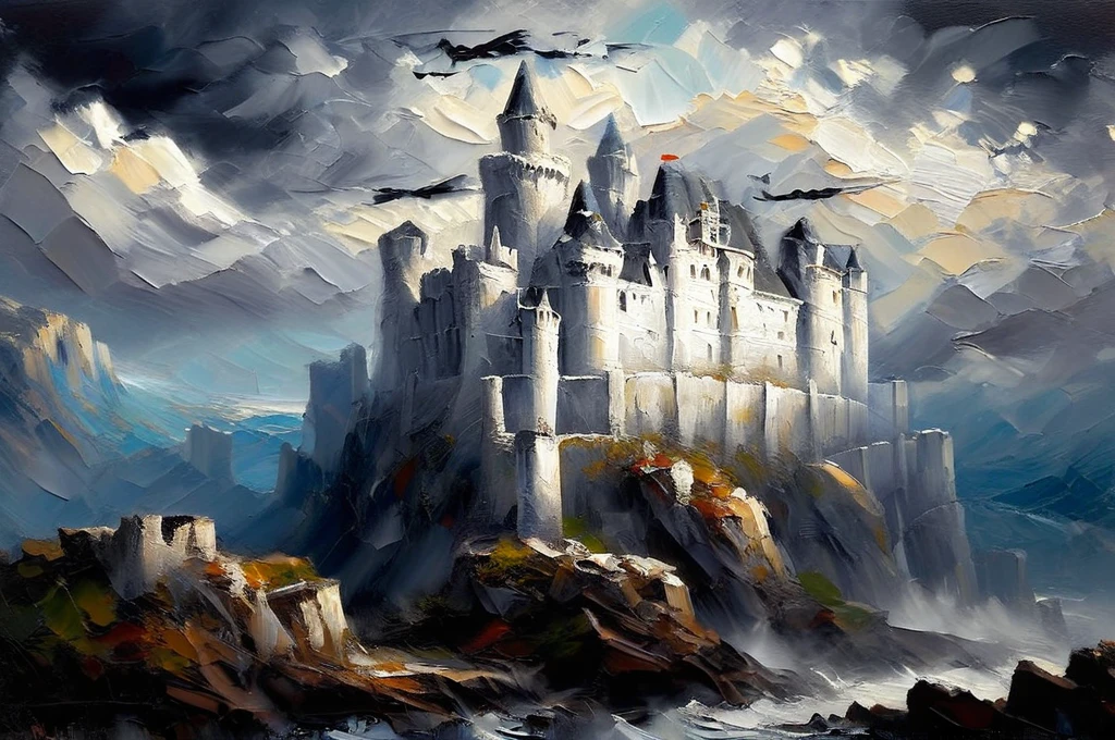 High Quality, Masterpiece, Award Winning, palette knife painting, A highly stylized white oil painting with expressive, textured brushstrokes capturing an ancient castle perched on a misty cliffside. The castle rises with a timeless strength against a stormy backdrop, with shades of white, light gray, and subtle aqua tones in the sky and surrounding mist. Tall, rugged cliffs fall away into a mysterious fog below, while dramatic brushstrokes bring depth to the scene, enhancing the stone texture of the castle walls. White light filters through dark clouds, casting a haunting glow over the castle and cliffs, evoking a sense of historic mystery and grandeur.