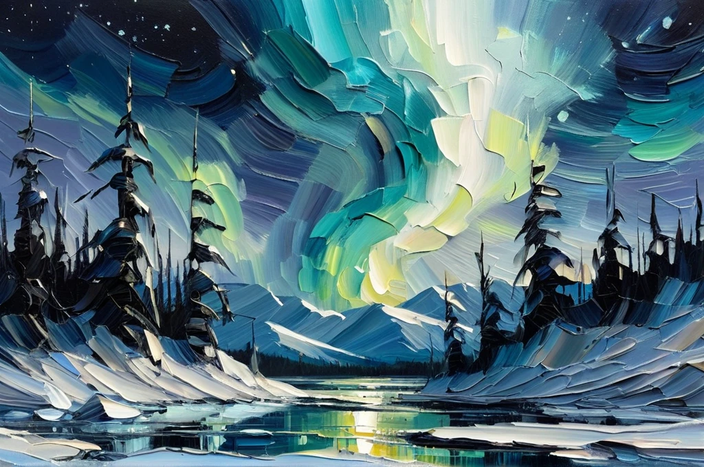 High Quality, Masterpiece, Award Winning, palette knife painting, A highly stylized white oil painting with textured brushstrokes that add depth and movement to an arctic scene. The subject captures the Northern Lights illuminating the night sky over a frozen lake, casting an otherworldly glow in white, light gray, and aqua hues. The icy landscape reflects the lights with shimmering details, and the rugged trees stand against the vast, mystical sky. Dramatic, bold brushstrokes add texture to the scene, with layers of light and shadow creating a cinematic effect that captures the cold beauty and serenity of the arctic night.