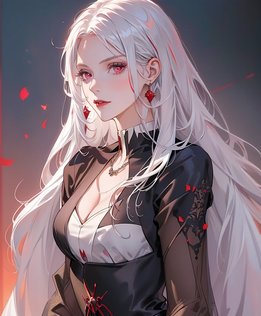 Realistic Portrait, Elegant mature woman (1 female), with deep red eyes, white hair, long hair, ruby amulet, focus on the face, close-up shot, cleavage, gothic black dress, portrait, one girl, white hair, red eyes, disqusted face front view, only upper body, up to waist, soft light, high detail, 4k resolution, high quality, beautiful CG