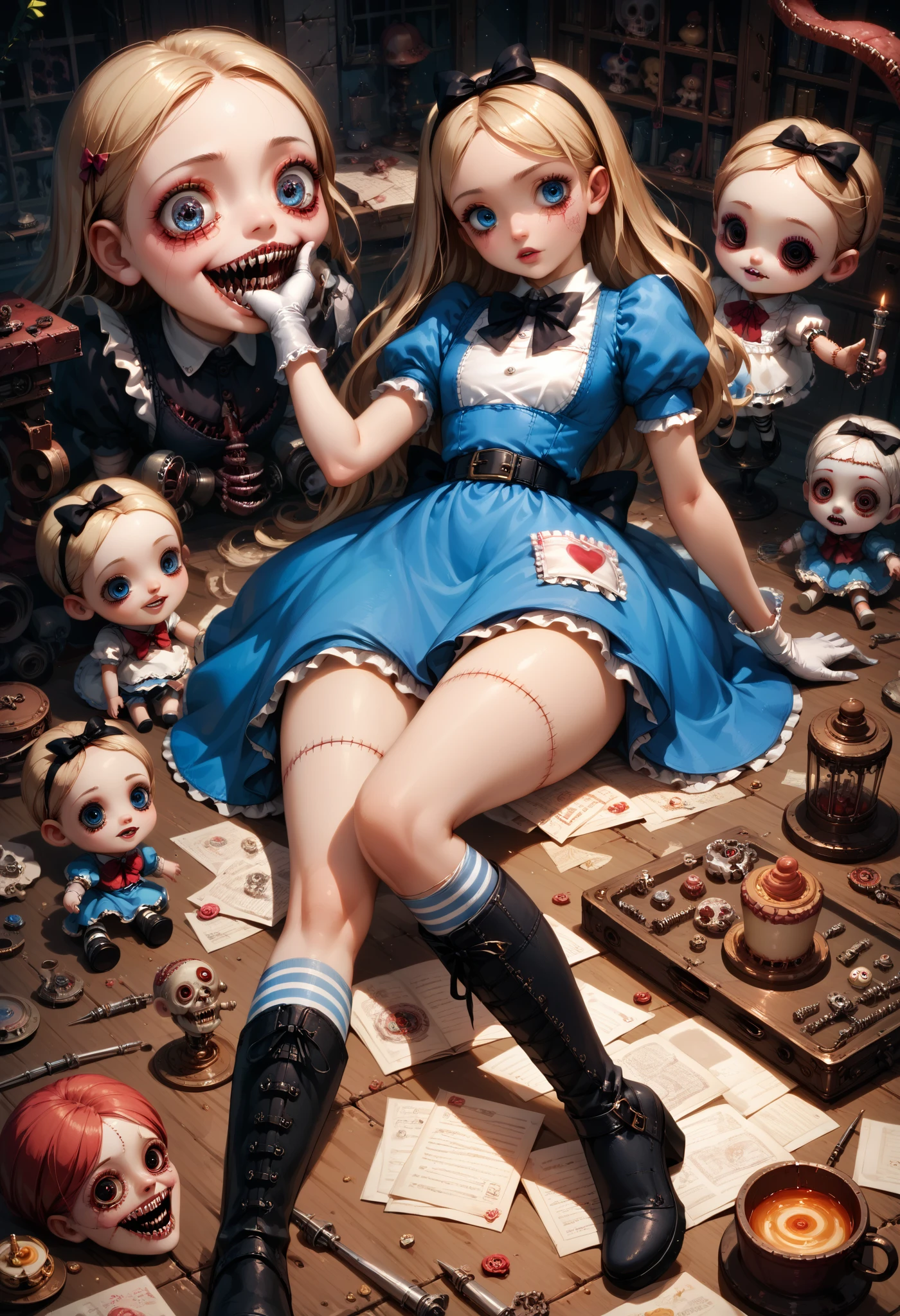 A doll girl , ( porcelain doll) , alice in wonderland, (((horror))), Scarily adorable, Blue Dress, ,belt,Blue eyes,gloves,boots,white gloves,vambraces, (AKDTFLPD),  wide hips,  big butt ,  Detailed eyes , beautiful eyes, ( masterpiece ), (La mejor calidad), There's a macabre shadow behind it