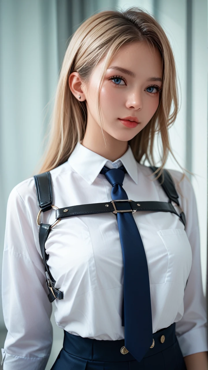 score_9, score_8_up, score_7_up, 1girl, solo, white shirt, necktie, harness, 