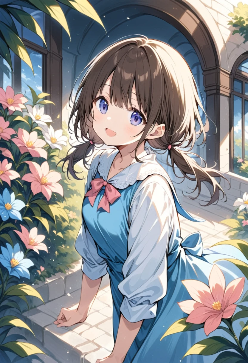 1 cute girl,
(dark brown hair, lob hair, low twintails, pink bow),
(dark blue eyes, tareme),
smile,
open mouth,

looking at viewer,

(white long sleeves shirt),
(blue dress),

cowboy shot, solo,

(depth of field),
noon time, little cloud,
luxury house,
flowers in the foreground,