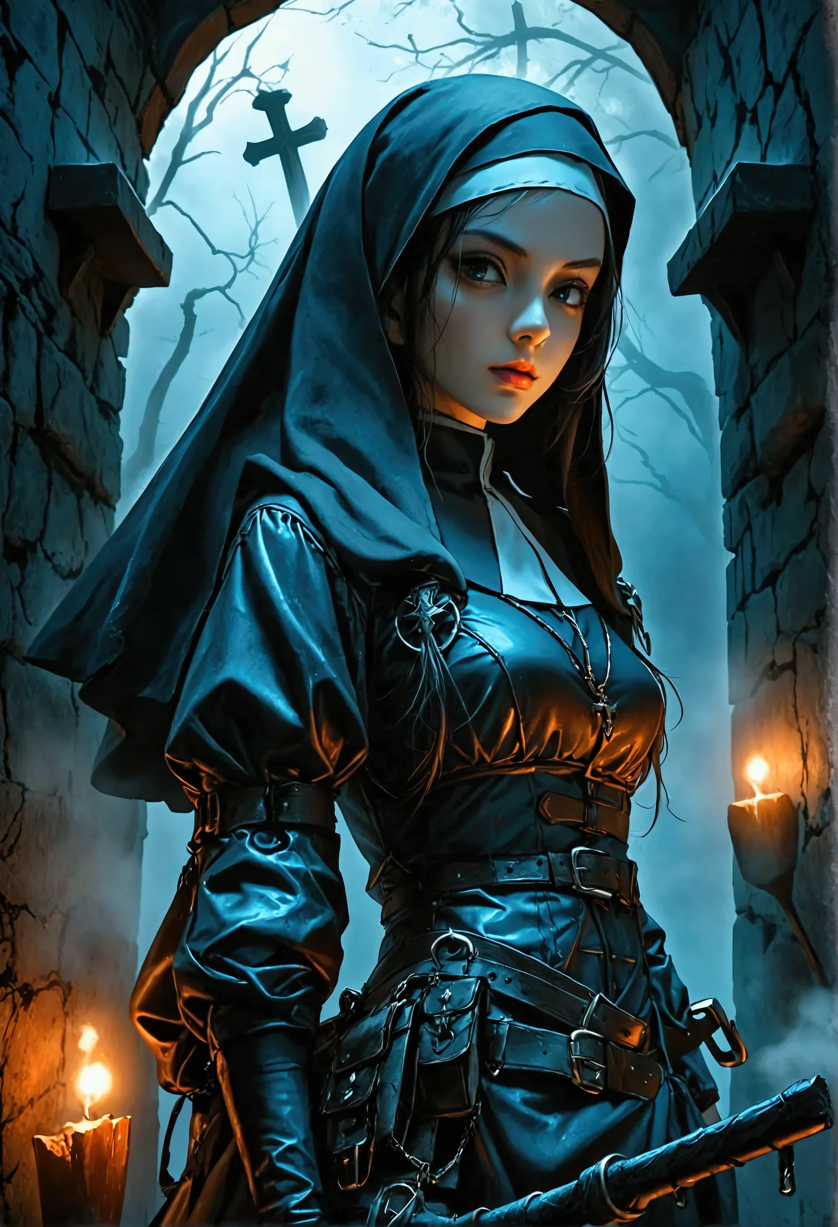 a 16K ultra-high-definition vector art of a striking, exotic nun assassin who specializes in vampire hunting. Place her in a dark, gothic park under a moonlit sky, with mist swirling around ancient tombstones and iron-wrought crosses. She should have a fierce yet serene expression, wearing a tactical, modified nun’s attire—blending traditional robes with leather armor, silver stakes, and a weapon belt. Add subtle, mystical elements like holy symbols and a faint glow on her weapons, hinting at her vampire-hunting skills. Capture a dark, cinematic atmosphere with film grain, sharp focus, and realistic textures, ensuring a perfectly balanced, immersive scene without extreme angles or exaggerated expressions. Apply anti-glare effects and all necessary enhancements for an award-quality illustration.
