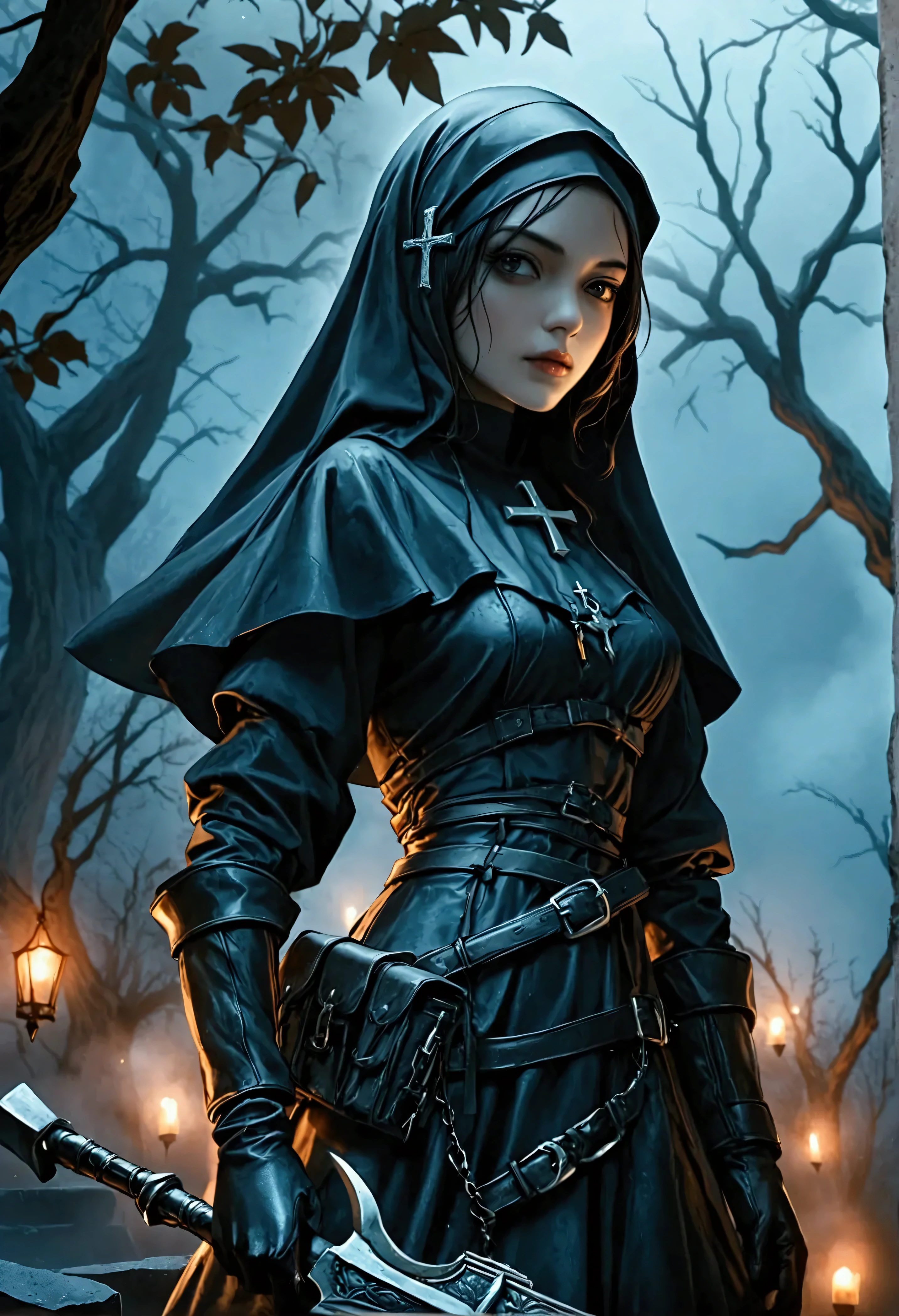 a 16K ultra-high-definition vector art of a striking, exotic nun assassin who specializes in vampire hunting. Place her in a dark, gothic park under a moonlit sky, with mist swirling around ancient tombstones and iron-wrought crosses. She should have a fierce yet serene expression, wearing a tactical, modified nun’s attire—blending traditional robes with leather armor, silver stakes, and a weapon belt. Add subtle, mystical elements like holy symbols and a faint glow on her weapons, hinting at her vampire-hunting skills. Capture a dark, cinematic atmosphere with film grain, sharp focus, and realistic textures, ensuring a perfectly balanced, immersive scene without extreme angles or exaggerated expressions. Apply anti-glare effects and all necessary enhancements for an award-quality illustration.
