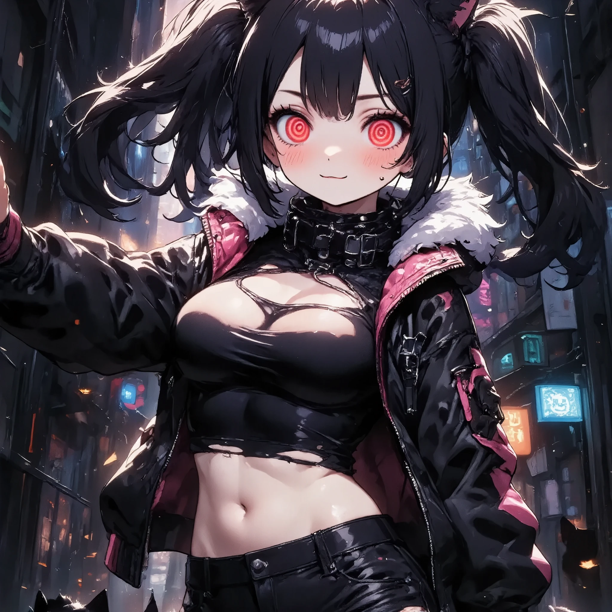 generate anatomically correct hands and body for sure. punk fashion angry girl\(open cleavage, cute, kawaii, age of 12,angry face, black long twin tails hair,pale skin, skin color blue, red eyes, eyes shining, big eyes, breast, punk fashion, ripped clothes, tight tube top, tight hot pants, stomach shown, ripped black short jacket, fluffy black cat-ear, dynamic pose, action pose, spiral eyes, bang, looking back at viewer\), .Background\(midnight time, outside, messy noisy city, backstreet, narrow street, neon lights\),