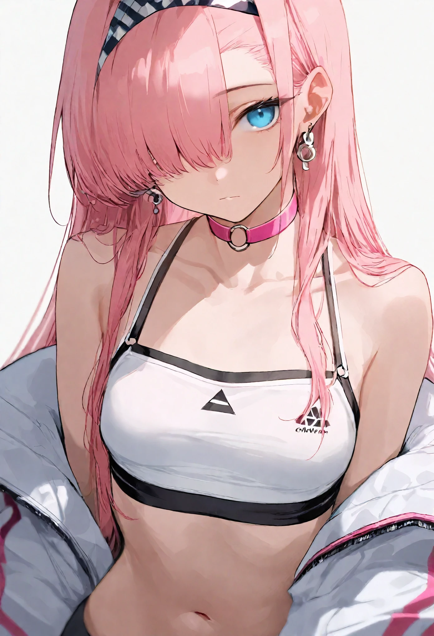 best quality,masterpiece,absurdres,newest,
1girl, solo, pink hair, blue eyes, breasts, white background, off shoulder, hairband, jacket, sports bra, choker, looking at viewer, small breasts, simple background, official alternate costume, bare shoulders, white jacket, hair over one eye, pink choker, spaghetti strap, upper body, earrings, jewelry, long hair, collarbone, midriff, navel, open jacket, open clothes, camisole, bangs, o-ring choker, closed mouth, stomach, o-ring, ,