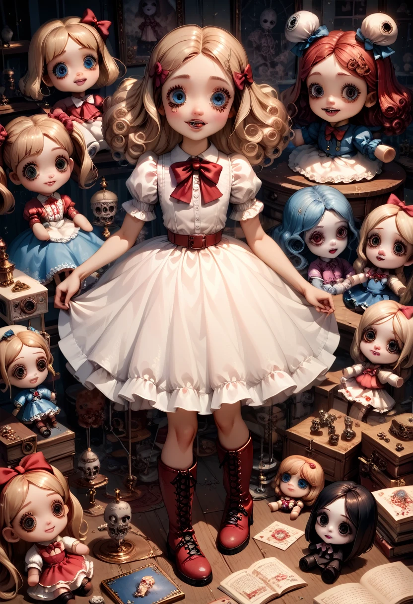 A doll girl , ( porcelain doll) , Annabelle the doll , (((horror))), Scarily adorable, White Dress, ,red belt,Blue eyes,boots, (AKDTFLPD),  wide hips,  big butt ,  Detailed eyes , beautiful eyes, ( masterpiece ), (La mejor calidad) 