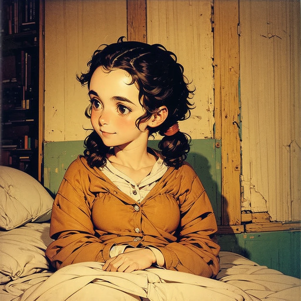 1 girl, solo, portrait, face shot, tiny body, large head, forehead, black curly lower-twintail, little fat, smile, looking away, indoor, bedroom, sit on bed, room-wear, Egon Schiele: Expressionism style,