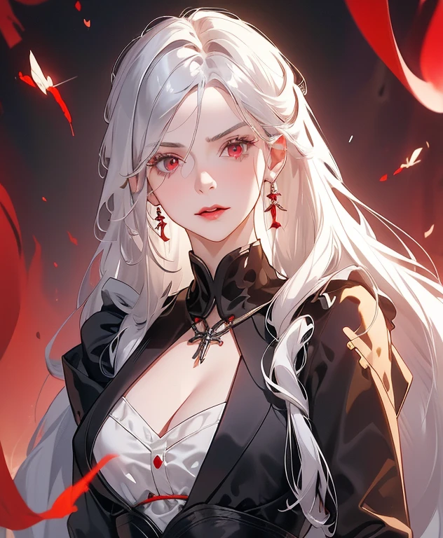 Realistic Portrait, Elegant mature woman (1 female), with deep red eyes, white hair, long hair, ruby amulet, focus on the face, close-up shot, cleavage, gothic black dress, portrait, one girl, white hair, red eyes, disgusted face, front view, only upper body, up to waist, soft light, high detail, 4k resolution, high quality, beautiful CG