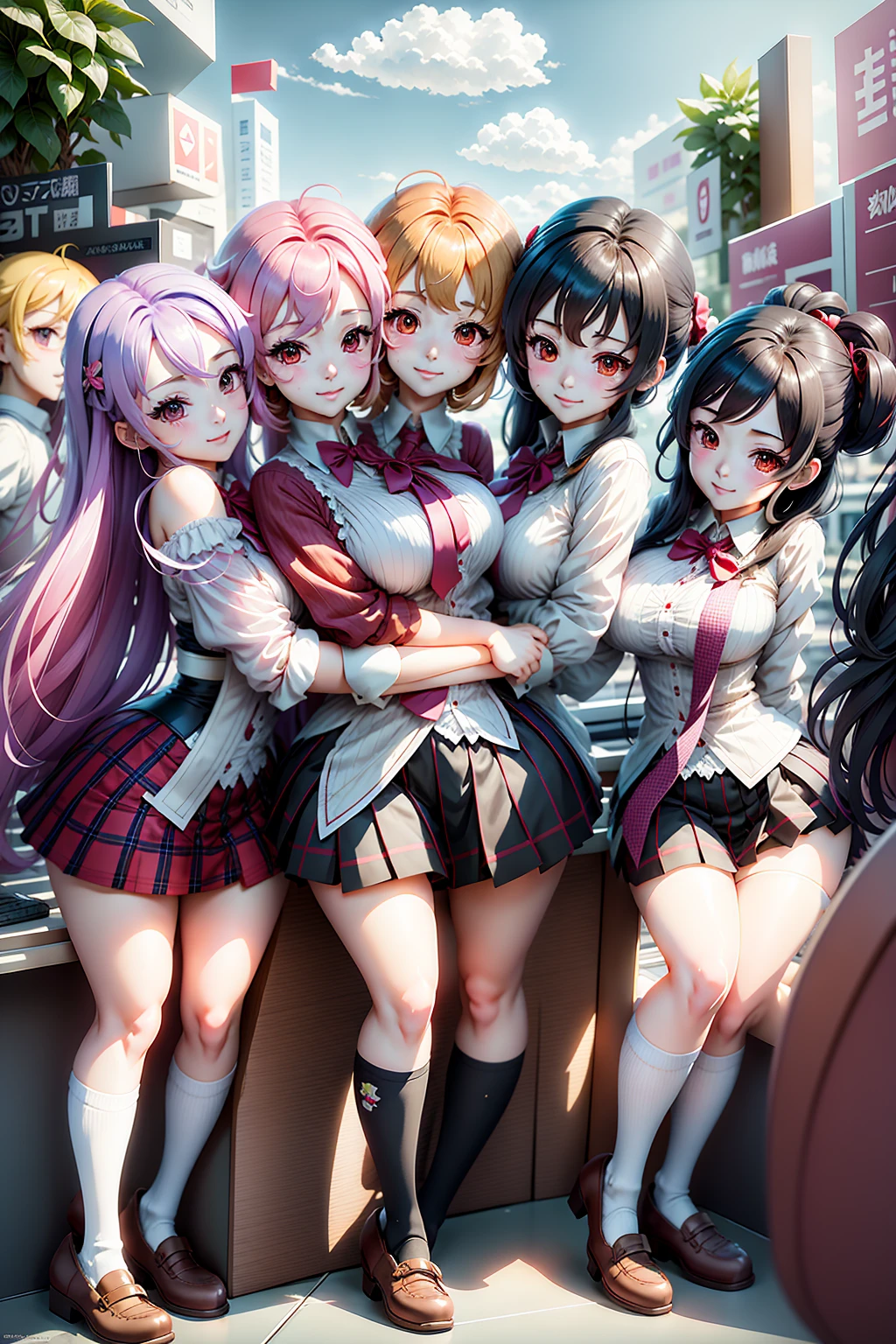 harems,Multiple girls are depicted,Multiple Beautiful Girls,A smile,multicolored hair,top-quality,beautiful a girl,超A high resolution,校服,blazers,Loose socks,Perfect girl,Colossal tits,Excellent style,Happy Girls,