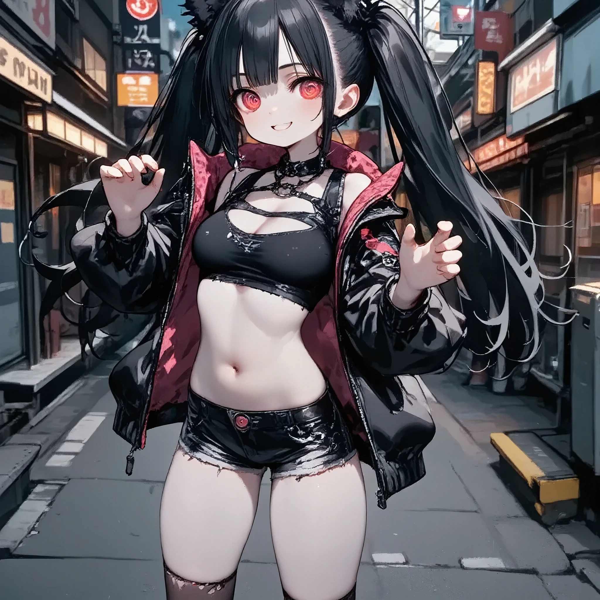 generate anatomically correct hands and body for sure. punk fashion angry girl\(open cleavage, cute, kawaii, age of 12,angry face, black long twin tails hair,pale skin, skin color blue, red eyes, eyes shining, big eyes, breast, punk fashion, ripped clothes, tight tube top, tight hot pants, stomach shown, ripped black short jacket, fluffy black cat-ear, dynamic pose, action pose, spiral eyes, bang,\), .Background\(midnight time, outside, messy noisy city, backstreet, narrow street, neon lights\),