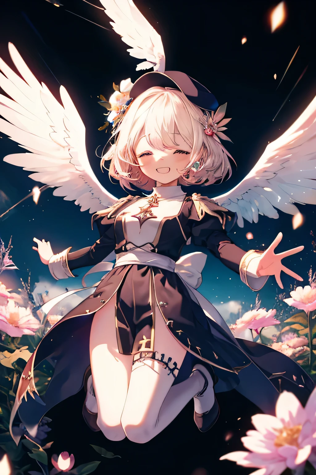 Girl smiling(Showing the teeth)  and closing my eyes, dentro de un MMORPG, jumping for joy ,  unknown background(MMORPG), complete anatomy, white beret, angel wings, 3D,  ornament of an accessory shaped like a flower on the head, aura, graphic effects, first person, derision