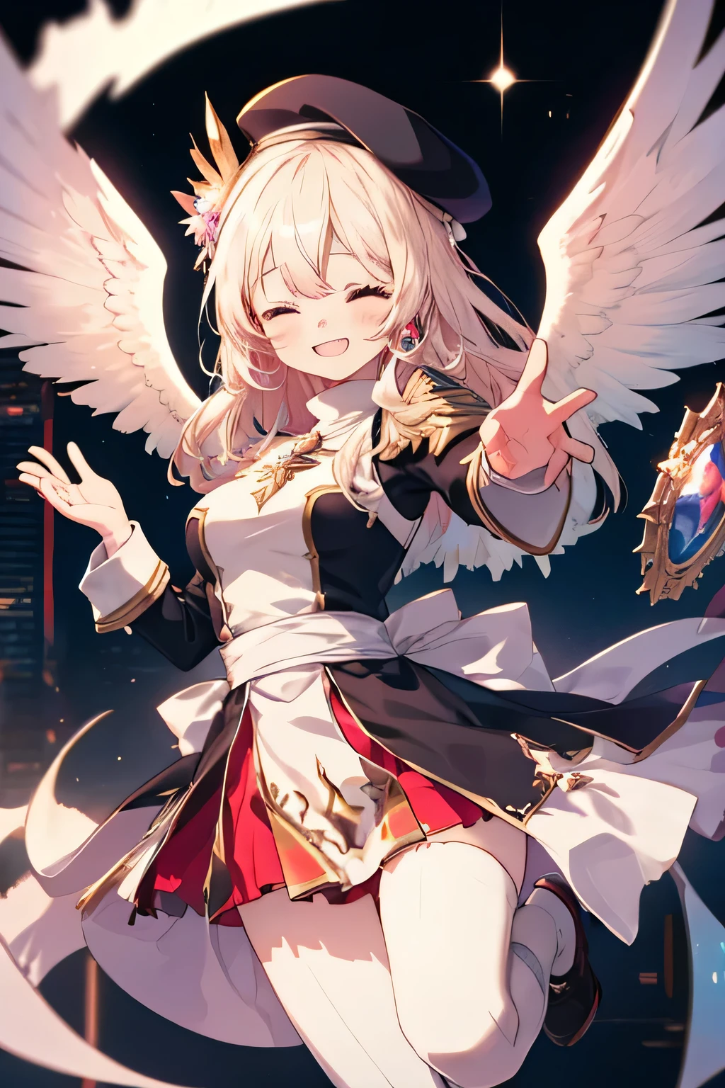 Girl smiling(Showing the teeth)  and closing my eyes, dentro de un MMORPG, jumping for joy ,  unknown background(MMORPG), complete anatomy, white beret, angel wings, 3D,  ornament of an accessory shaped like a flower on the head, aura, graphic effects, first person, derision