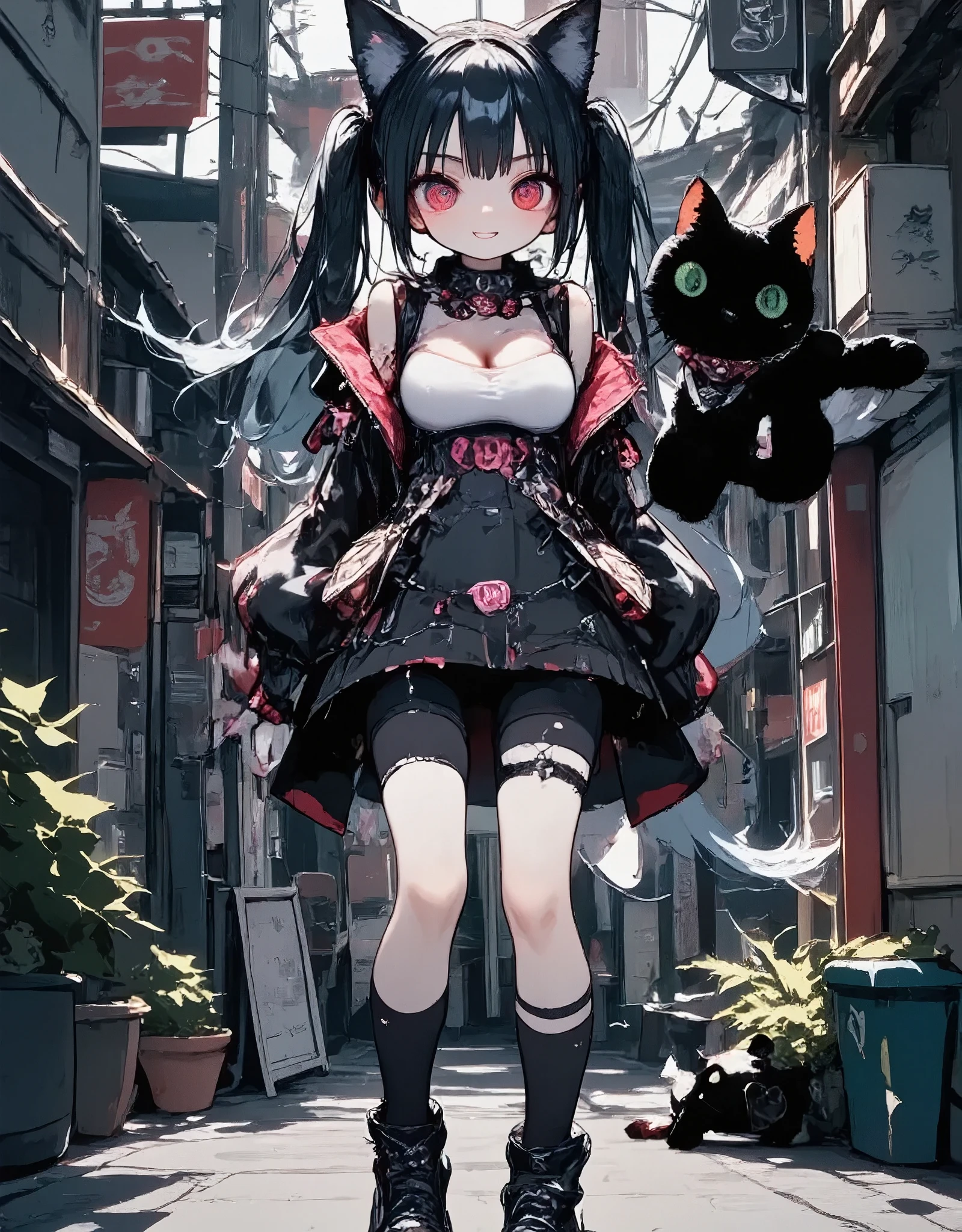 girl\(cute, kawaii, age of 12,angry face, black long twin tails hair,pale skin, skin color blue, red eyes, eyes shining, big eyes, breast, punk fashion, ripped clothes, tight tube top, tight hot pants, stomach shown, ripped black short jacket, fluffy black cat-ear, dynamic pose, action pose, spiral eyes, bang, looking back at viewer\),.background\(midnight time, outside, messy noisy city, backstreet, narrow street, neon lights\)