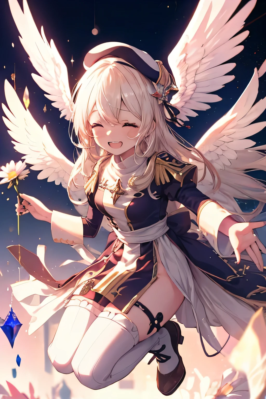 Girl smiling(Showing the teeth)  and closing my eyes, dentro de un MMORPG, jumping for joy ,  unknown background(MMORPG), complete anatomy, white beret, angel wings, 3D,  ornament of an accessory shaped like a flower on the head, aura, graphic effects, first person, derision