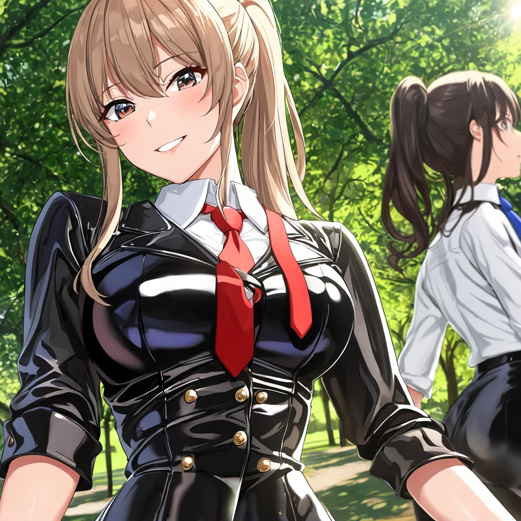  2 girls buttoned in extremely tight shiny black latex blouse,Necktie, jeanshose, Lens reflection, Reflected light, smile, Close-up, set in the park, Light brown hair,  ponytail , Breasts, 