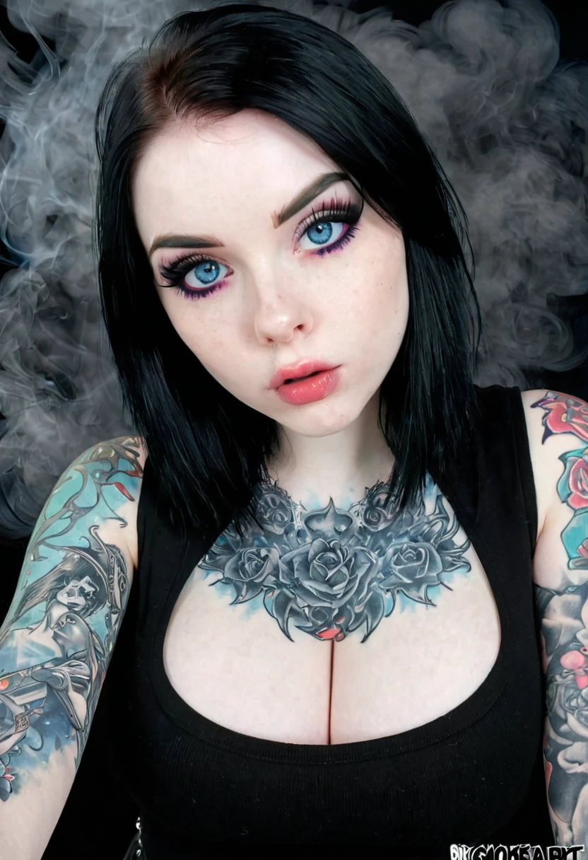 Girl with pale skin, black hair,Light blue eyes , gothic girl,cute face, adorable face, shy, blushing, pov selfie,With big breasts,With a large and wide neckline,Gothic young girl,Annoying girl,With black sleeveless t-shirt,With a very large and very wide neckline,With many tattoos, very tattooed girl, tattoos on the chest, tattoos on the neck,Too many tattoos ,Lots of tattoos all over the body ,(((With smoke ,With a lot of smoke, too much smoke)))Art, professional photography , too much smoke 