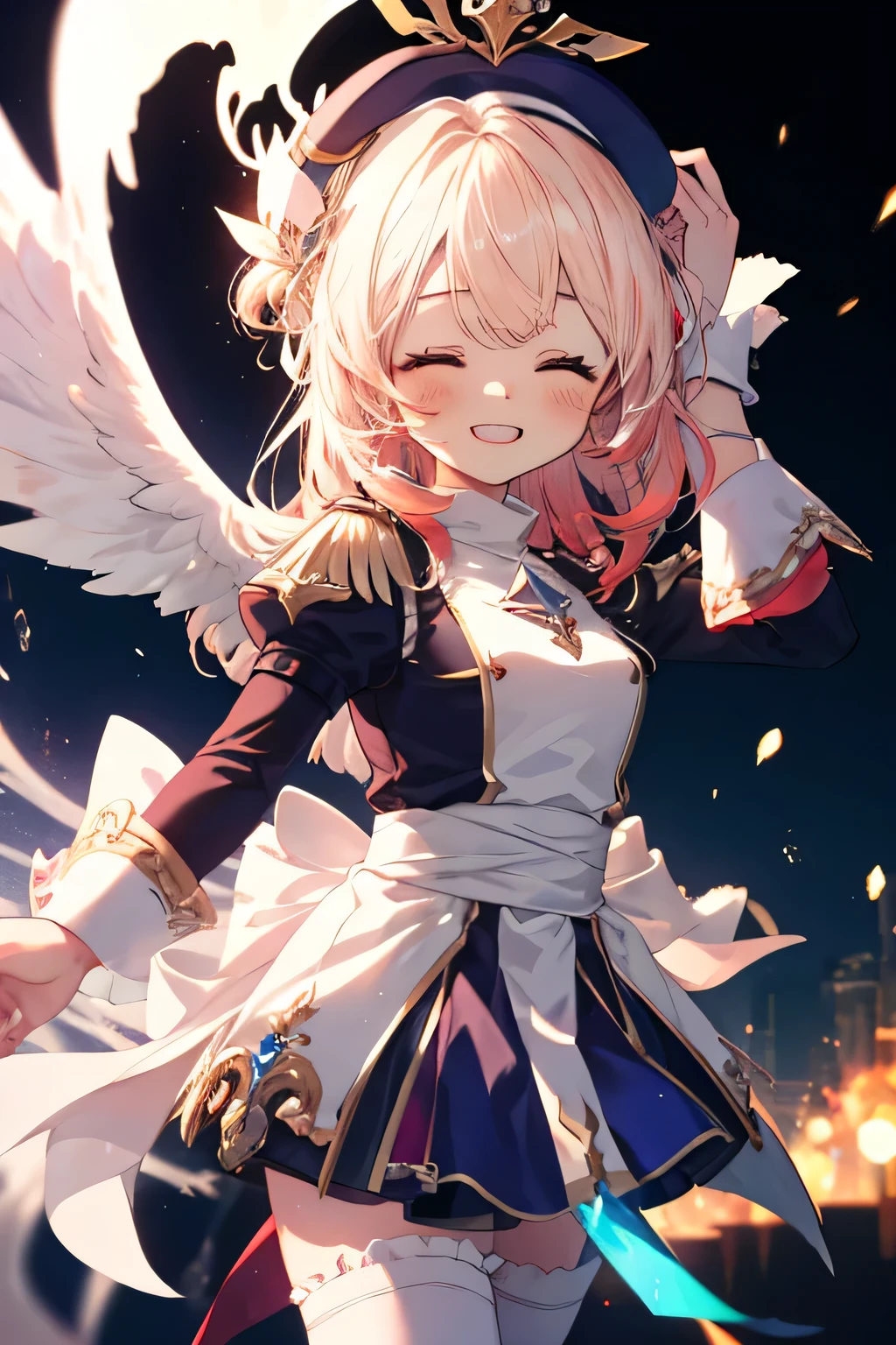 Girl smiling(Showing the teeth)  and closing my eyes, dentro de un MMORPG, jumping for joy ,  unknown background(MMORPG), complete anatomy, white beret, angel wings, 3D,  ornament of an accessory shaped like a flower on the head, aura, graphic effects, first person, derision