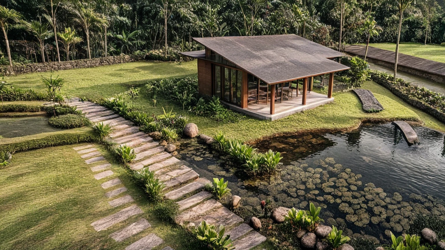 A resort with modern architectural style, the blocks are built with brown walls and Japanese-style black tiled roofs, bringing a closeness to nature. The building is surrounded by lush green landscape, creating a feeling of tranquility and relaxation. In front is a large grass yard, suitable for outdoor activities. Wide windows to receive natural light, along with modern design details that are still in harmony with the surrounding natural scenery