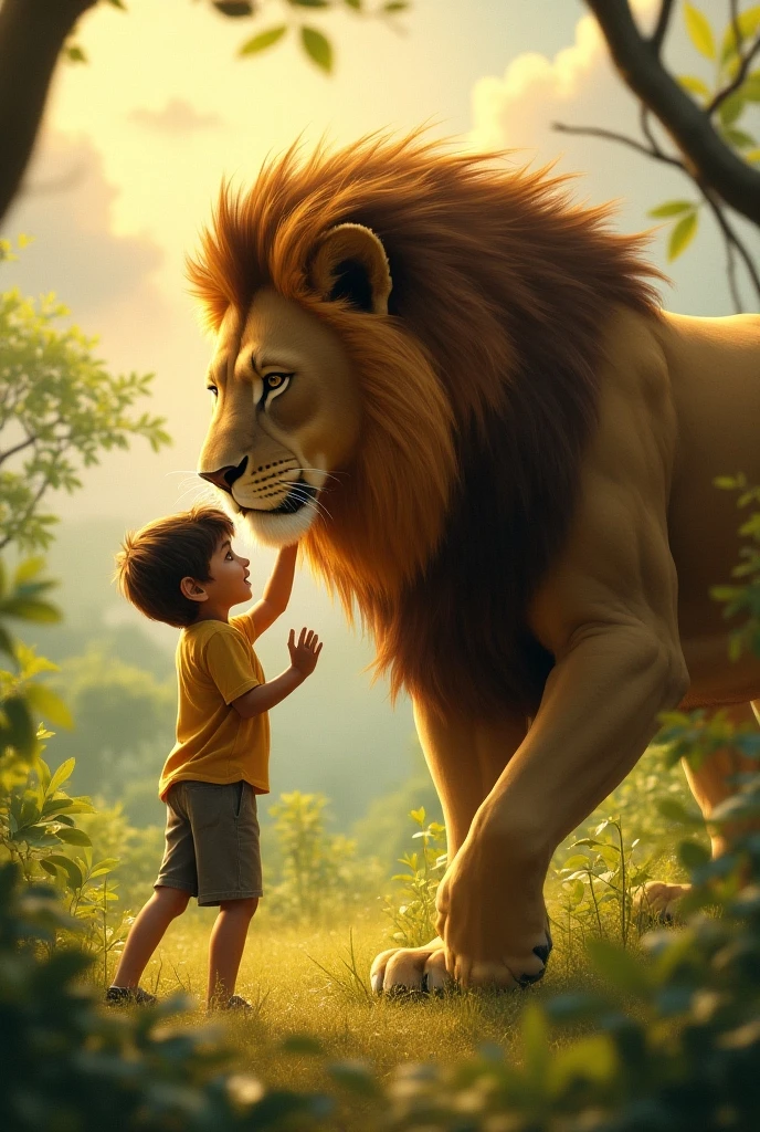 A lion with two children, one bigger than the other and a little lion with wings.