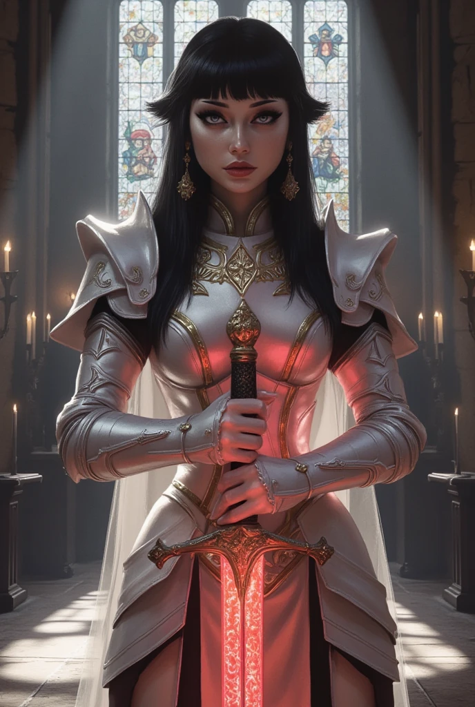 (Ultra-realistic, 32k, Masterpiece, High Quality, Detailed Realistic Background, Official Art, Realistic Lighting, filmfotos, film grain, reversal film photography). "A best quality, HDR, photorealistic masterpiece capturing a female oriental knight standing resolutely in the center of a grand gothic cathedral. She is clad in full white armor adorned with intricate gold embellishments that glisten under the soft, focused beams of light streaming through tall stained-glass windows. Her long black hair cascades gracefully, with bangs framing her determined face, accented by delicate earrings that catch the ambient light. She grips the hilt of a legendary sword, its ominous red blade casting an ethereal glow over her armor. The cathedral’s towering arches and ancient stonework set a dark fantasy tone, with shadows and highlights creating a mesmerizing interplay. The composition, captured in a cowboy shot, frames her powerful stance and the intricate details of her armor and glowing sword, evoking a cinematic atmosphere. The scene combines dramatic lighting and meticulous, high-definition detail, embodying a moment from a dark fantasy film, hkstyle."