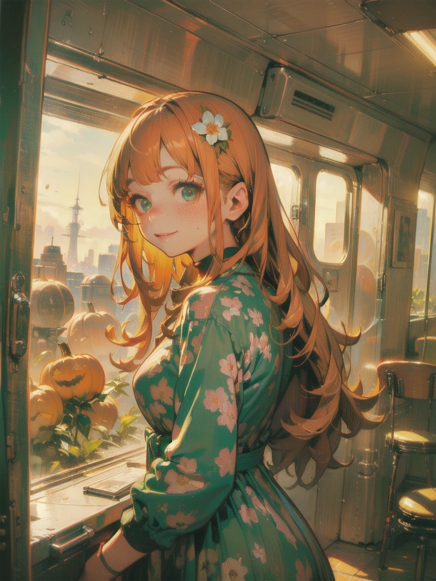 masterpiece portrait of a woman in Montreal at dawn, Long Hair, Cute orange curly hair, smile, green eyes, Freckles, Floral print, dress, dawn, neon, light, caustic, Lens Reflection, ((Alone)), Ishmael_edge, Halloween 