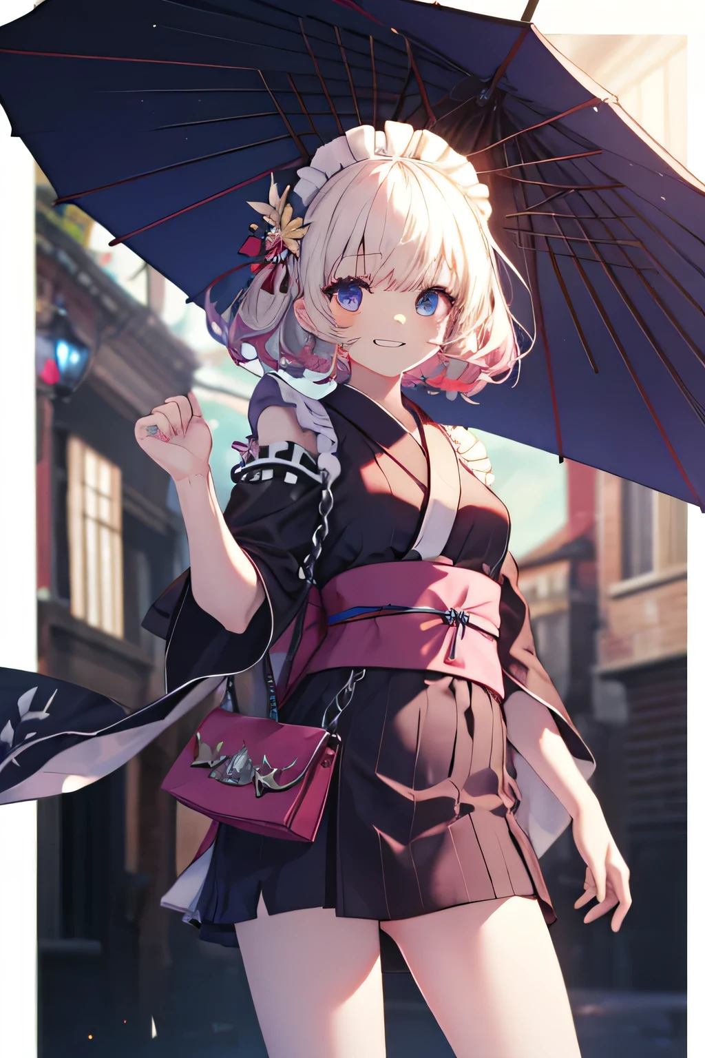 Maid with headpiece girl smiling(Showing the teeth), Yukata, dentro de un MMORPG, Ready to fight ,  unknown background(MMORPG), complete anatomy, umbrella, 3D,  ornament of an accessory shaped like a flower on the head, aura, graphic effects, first person, derision
