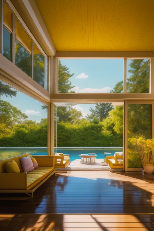 a dreamy luxurious house, summer, yellow interior, yellow hour, wide shot, 80s aesthetic, detailed lighting, soft textures, pastel colors, cinematic atmosphere, photorealistic, 4k, high resolution, masterpiece, outdoor summer scenery