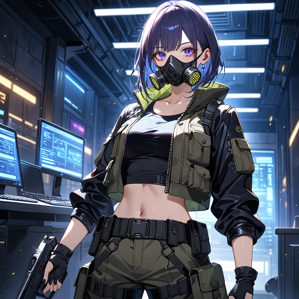 a cyberpunk female scavenger warrior wearing a gas mask and cargo pants, holding dual pistols in a lonely office environment, with glitter and light particles in the scene, detailed facial features and body anatomy, dark and gritty theme, high resolution, 64k CG, best quality