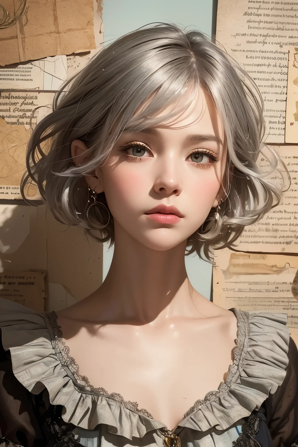 Super detailed alcohol ink painting of gorgeous girl, Curly dark grey-silver bob hair, Made on top of a mixed-media masterpiece patchwork of stress-free vintage script paper, Ephemera, Torn cardboard, Vintage newspaper, Vintage sheet music, Wax Seal, Dress made of paper ruffles and life-size dainty lace, in the style of [Junk Journal, double exposure, Equal to the size of the body, Greg Simkins, Mark Davis, Oliver Jeffers, Andy Kehoe], Cinematic, Stunning, Highly detailed, 8K, dehazed