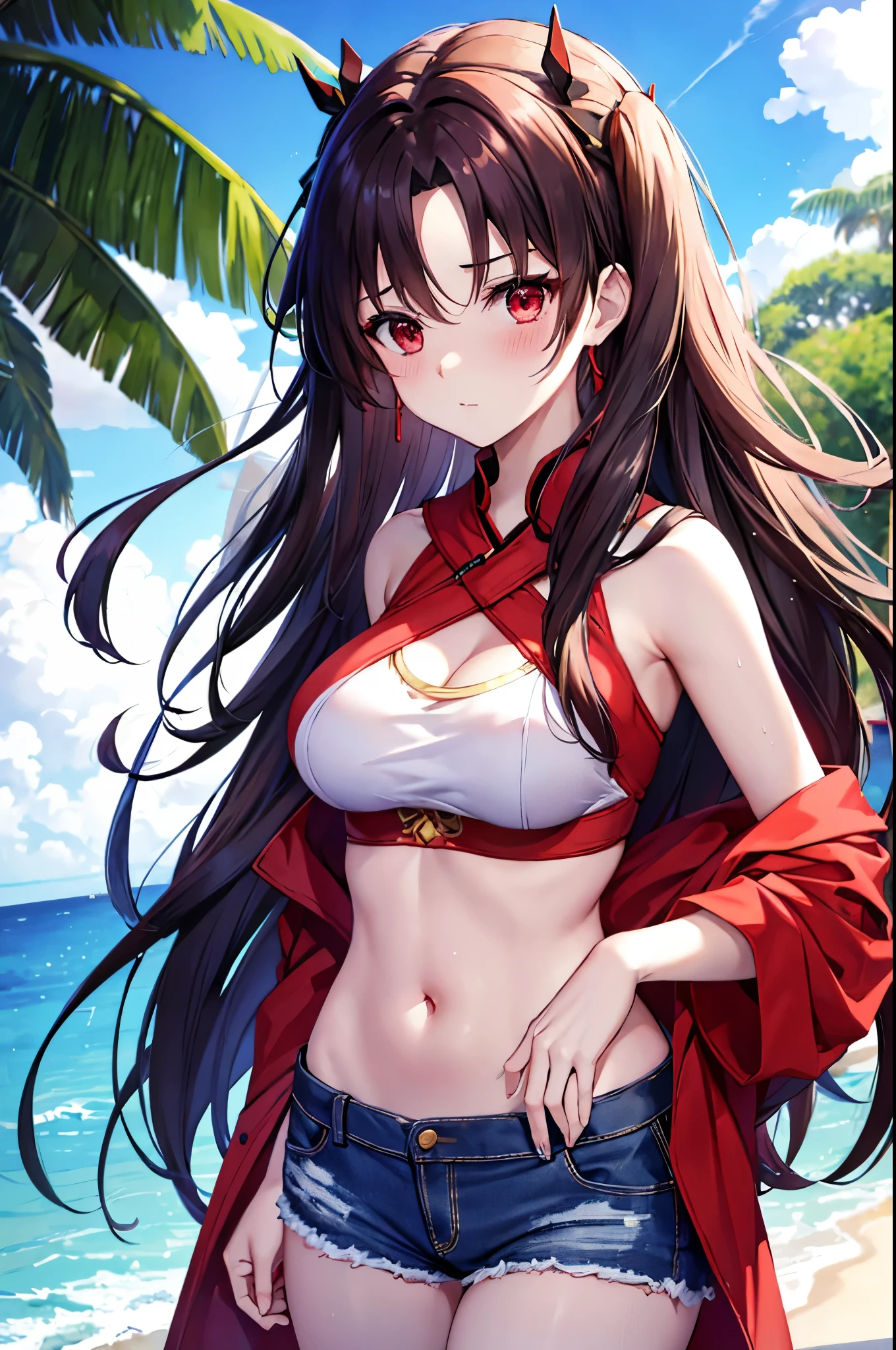  Brunette，  red eyes ，Long hair， red sling bikini， denim shorts，Bamboo Ishtar 《 fate》blush，   big breasts  ，beauty，Seaside background