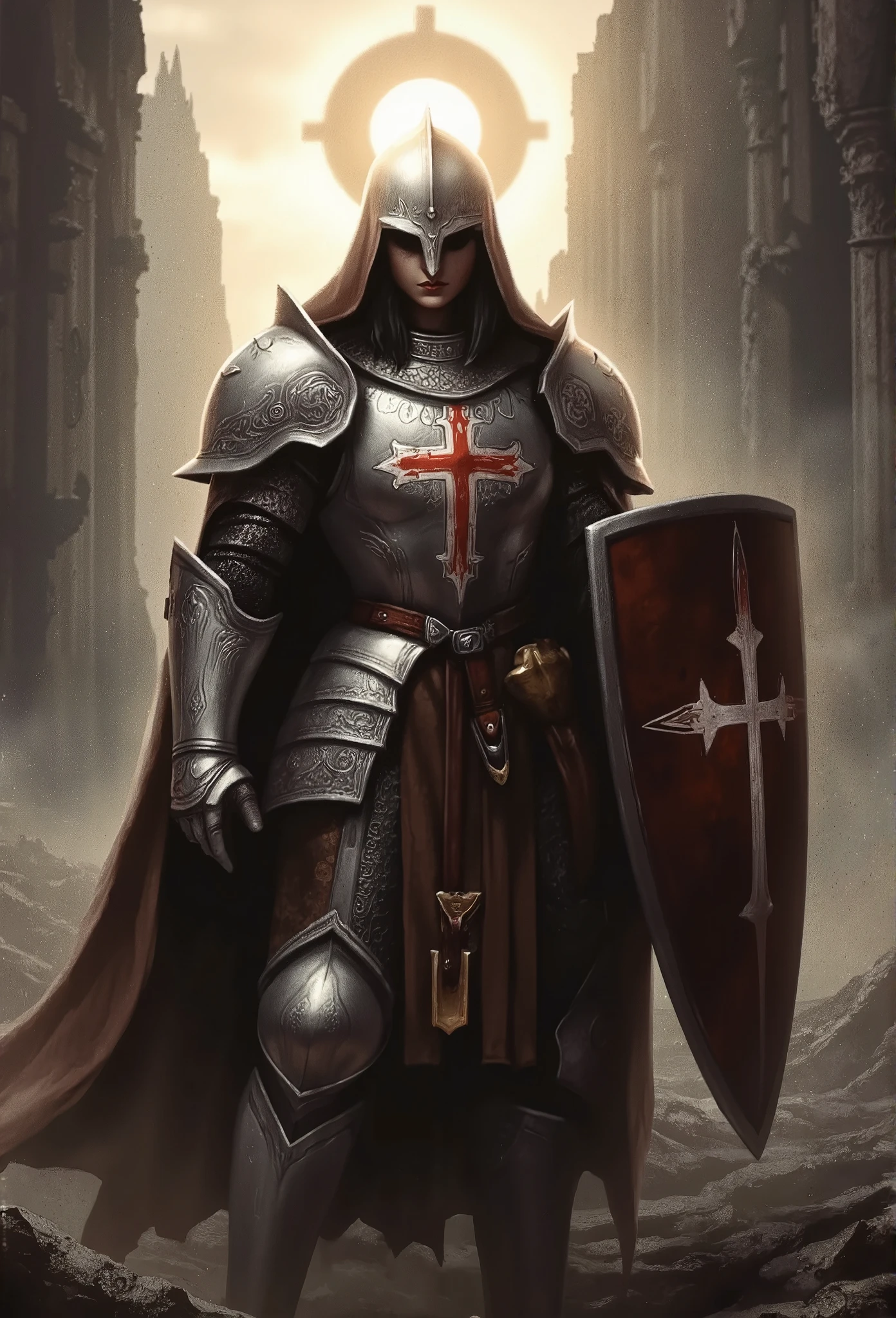 (Ultra-realistic, 32k, Masterpiece, High Quality, Detailed Realistic Background, Official Art, Realistic Lighting, filmfotos, film grain, reversal film photography)."A high-resolution image of a fantasy paladin knight, standing tall in a desolate, war-torn environment, cloaked in moody, volumetric lighting. He wears a silver and white suit of medieval armor detailed with intricate engravings, a large red cross on the chest plate, and a white helmet adorned with a cross symbol. A radiant holy circle and halo of light surround him, adding an aura of divine power. The knight’s face is partially obscured by a brown hood, exuding mystery and solemnity. In his right hand, he firmly grips a large, ornately designed shield, while a sword rests at his side, hanging from a leather belt. The background, a crumbling ruin, accentuates the apocalyptic atmosphere and highlights his resilience. Sunlight filters through the dust, casting long shadows, enhancing the texture and depth. This scene blends historical realism with fantasy, invoking strength and piety in a legendary figure.