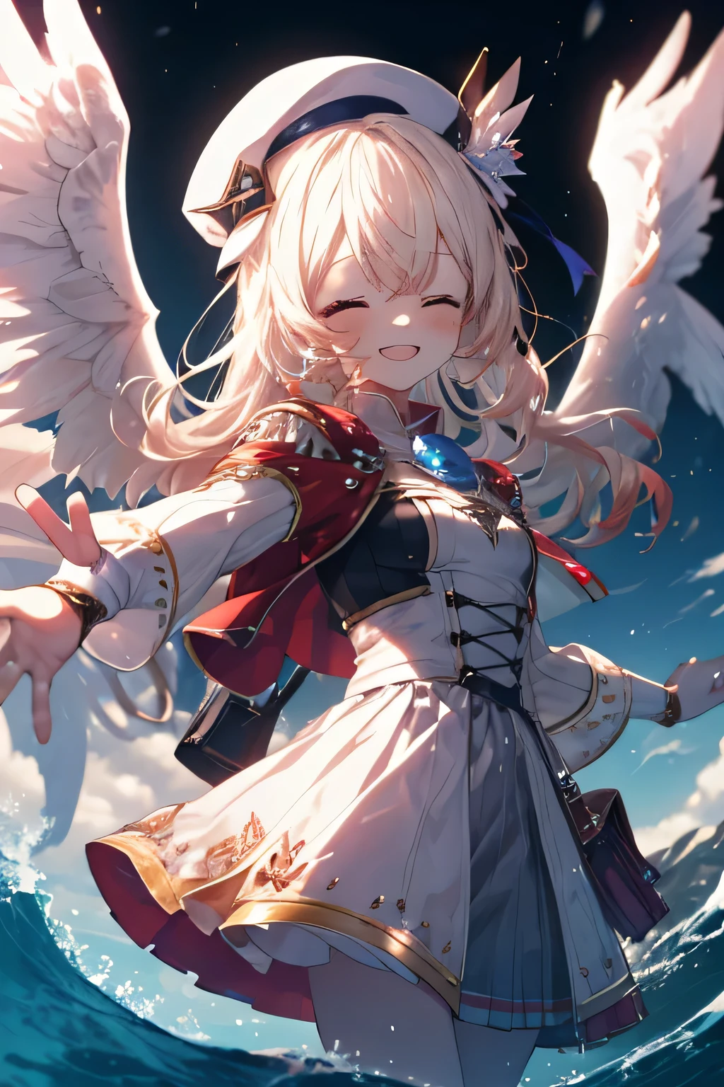 Girl smiling(Showing the teeth)  and closing my eyes, dentro de un MMORPG, jumping for joy ,  unknown background(MMORPG), complete anatomy, white beret, angel wings, 3D,  ornament of an accessory shaped like a flower on the head, aura, graphic effects, first person, derision, wave hello
