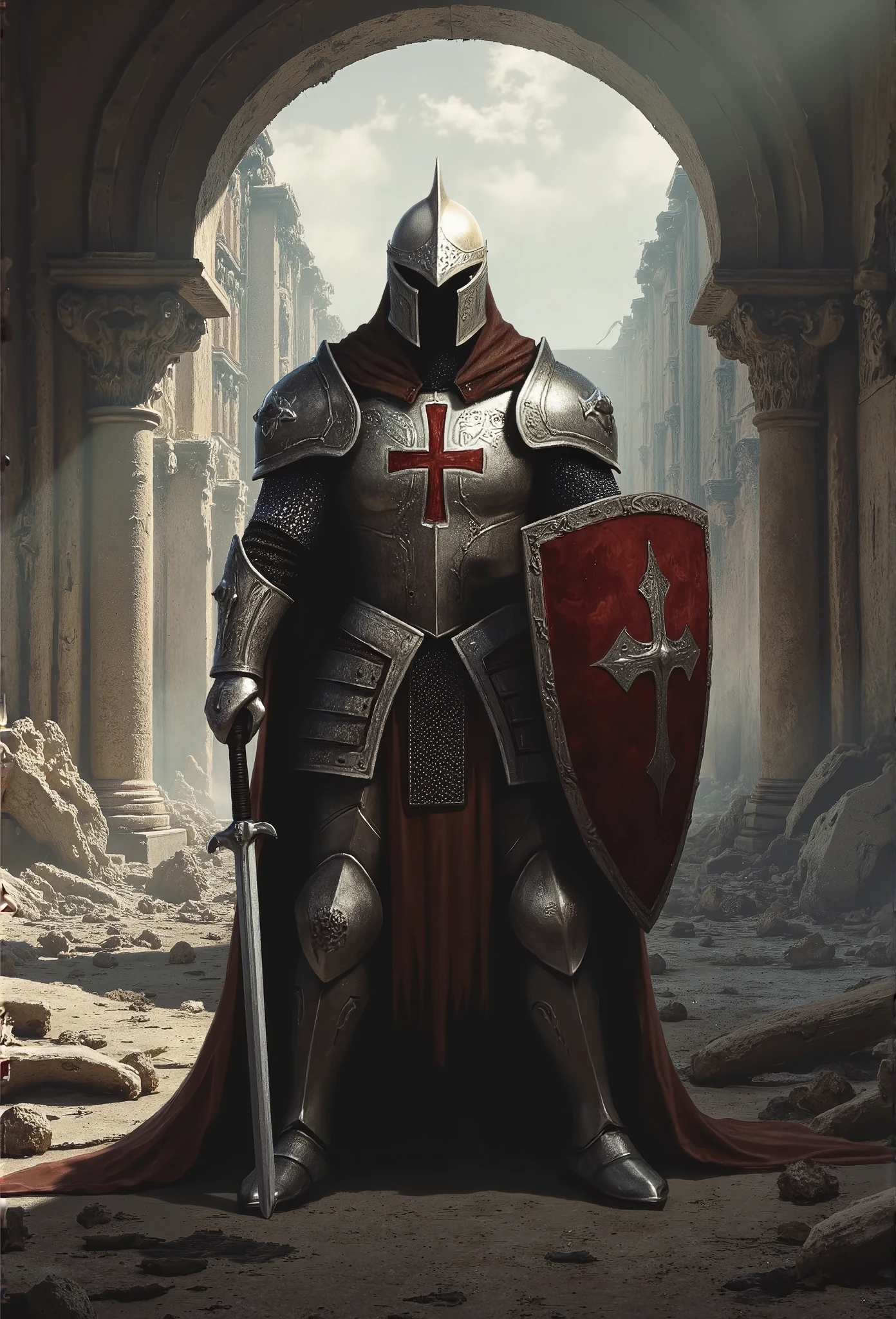 (Ultra-realistic, 32k, Masterpiece, High Quality, Detailed Realistic Background, Official Art, Realistic Lighting, filmfotos, film grain, reversal film photography). The Fantasy paladin with holy circle and halo light, render in A high-resolution photo of a medieval knight in full armor, standing in a ruined, dusty environment. The knight wears a white helmet with a cross and a brown hood partially covering the face. His silver and white armor features intricate designs, including a red cross on the chest plate. holding a big shield with his right hand, and a sword hangs from a leather belt. The backdrop is a crumbling, war-torn building, adding a post-apocalyptic feel. The knight stands poised, radiating strength and resilience, blending historical and fantasy elements, moody, highly detailed, volumetric lighting, sun light,