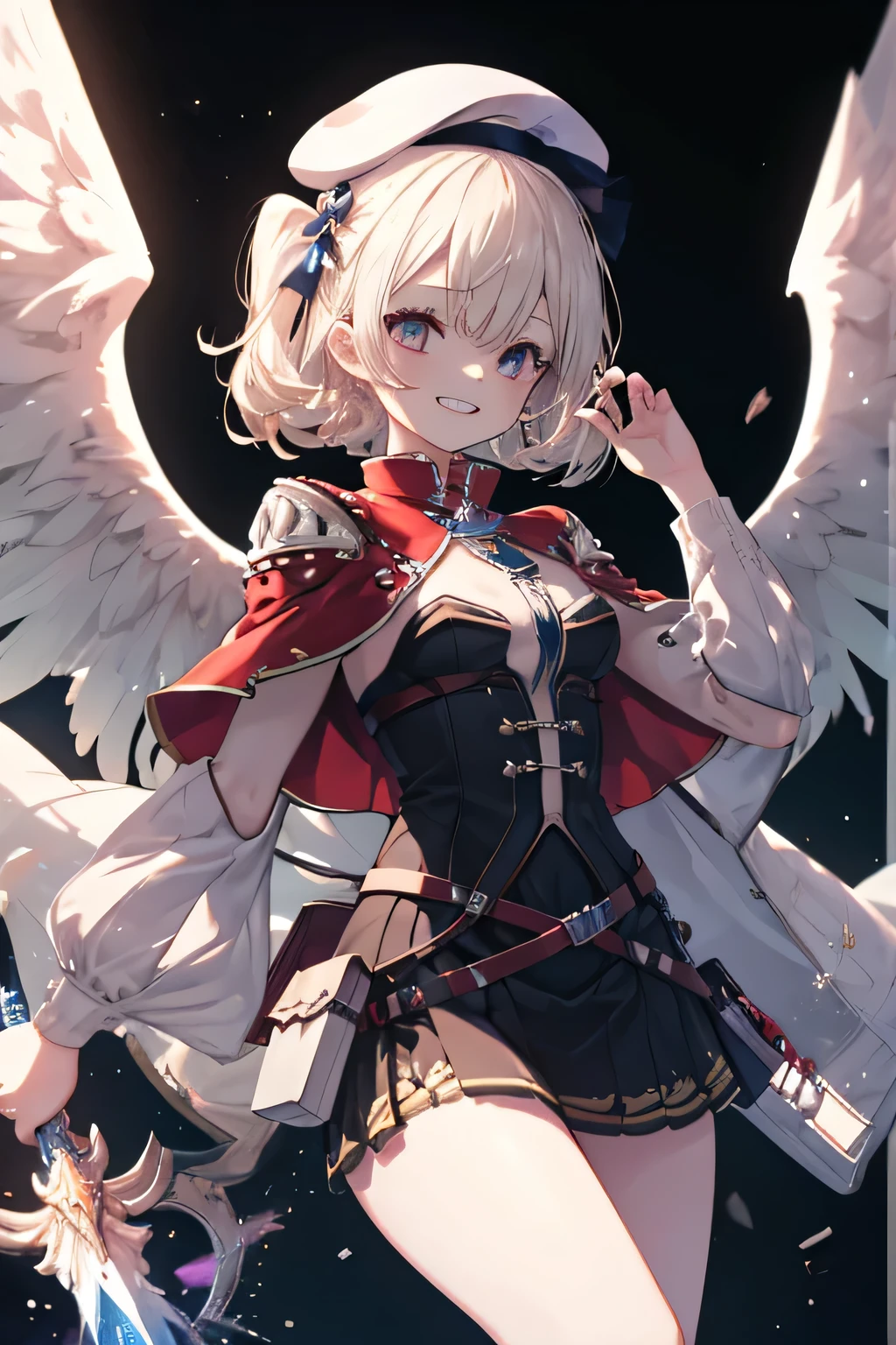 Girl smiling(Showing the teeth), dentro de un MMORPG, Castering Acid skill demonstration to enemies,  unknown background(MMORPG), complete anatomy, white beret, angel wings, 3D,  ornament of an accessory shaped like a flower on the head, aura, graphic effects, first person, derision
