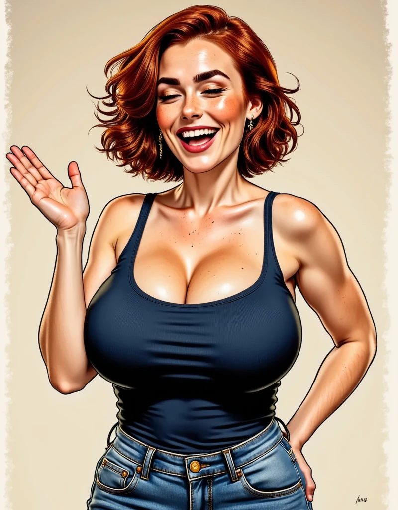 comic style, a beautiful British woman (laughing:1.5), waving her hand dismissively while laughing, She's got downturned eye shape, light skin and freckles, reddish-brown hair.  She's wearing a navy blue ribbed tank-top ,  stonewashed jeans.  perfect hand, intricate details , 