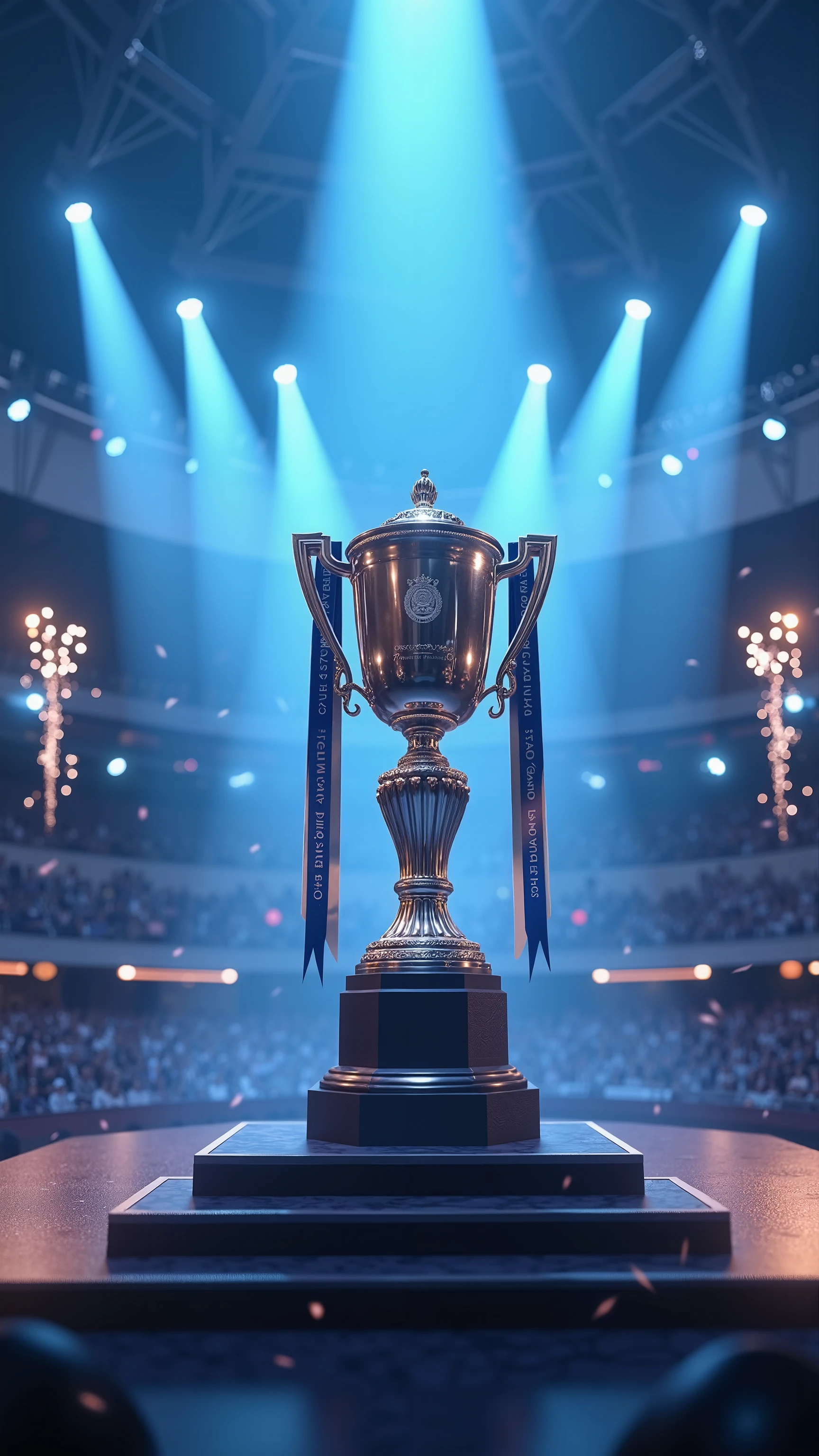 C4D modeling,OC rendering,3D Style,Low angle view , a silver trophy in the center of the stadium stage,Center of the venue stage, The top light hits the trophy, League of Legends e-sports game scene , Concept Art, League of Legends Champion ,Blue tint,Double Exposure,ribbon,Wide-angle lens,Dark corner , high contrast ,Fireworks,Light spot,fireworks