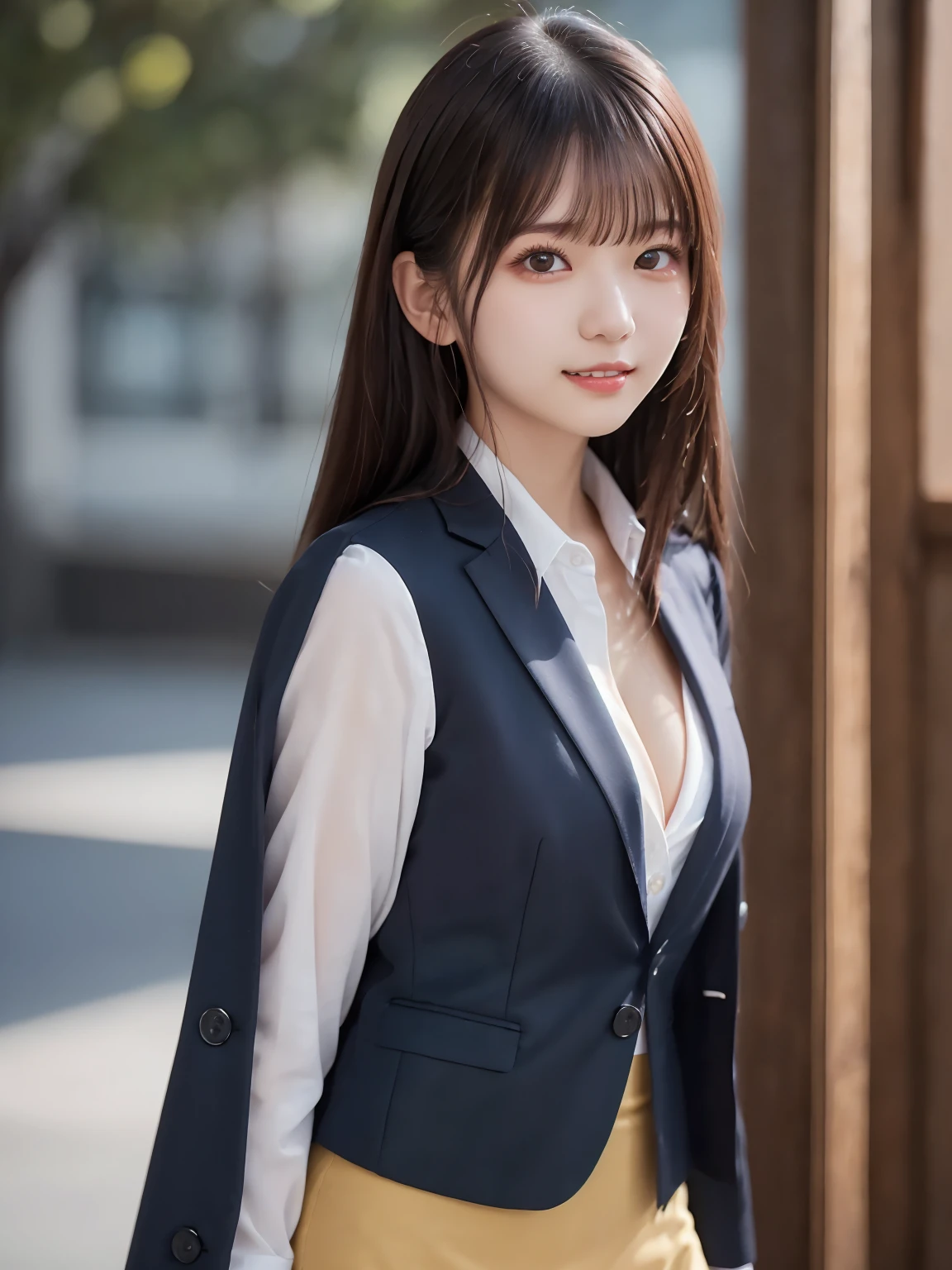  white shirt 、(Mini skirt : 1.2)、(suit : 1.5), Complex and beautiful eyes、woman、 womanらしい黒髪、(Delicate and realistic hair、１Realistic hair)、bangs、 naturally colored lips、smile、((White Indoor))、((18歳woman:1.2))、 young and adorable Japanese face, Official Art， highly detailed CG Unity 8k wallpaper，（masterpiece:1.0),(Best Quality:1.0), 超 high resolution,4K, very detailed, photo shoot, 8k,  NFSD,  high resolution,  Kodak portrait 400,  film grain ,  lens flare glow ,高いest quality,8k, NFSD:1.2),  Portrait Shot ,8k、 viewer, (((Front View))), ((facing))、 body facing forward 、Bold cleavage、 firm chest、 small face, Best Quality、 Super beautiful images、(stand up : 1.3)