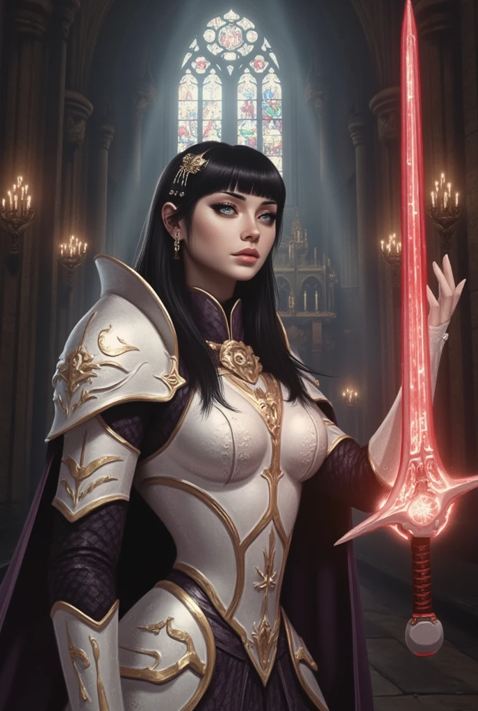 (Ultra-realistic, 32k, Masterpiece, High Quality, Detailed Realistic Background, Official Art, Realistic Lighting, filmfotos, film grain, reversal film photography). "A best quality, HDR, photorealistic masterpiece capturing a female oriental knight standing resolutely in the center of a grand gothic cathedral. She is clad in full white armor adorned with intricate gold embellishments that glisten under the soft, focused beams of light streaming through tall stained-glass windows. Her long black hair cascades gracefully, with bangs framing her determined face, accented by delicate earrings that catch the ambient light. She grips the hilt of a legendary sword, its ominous red blade casting an ethereal glow over her armor. The cathedral’s towering arches and ancient stonework set a dark fantasy tone, with shadows and highlights creating a mesmerizing interplay. The composition, captured in a cowboy shot, frames her powerful stance and the intricate details of her armor and glowing sword, evoking a cinematic atmosphere. The scene combines dramatic lighting and meticulous, high-definition detail, embodying a moment from a dark fantasy film, hkstyle."