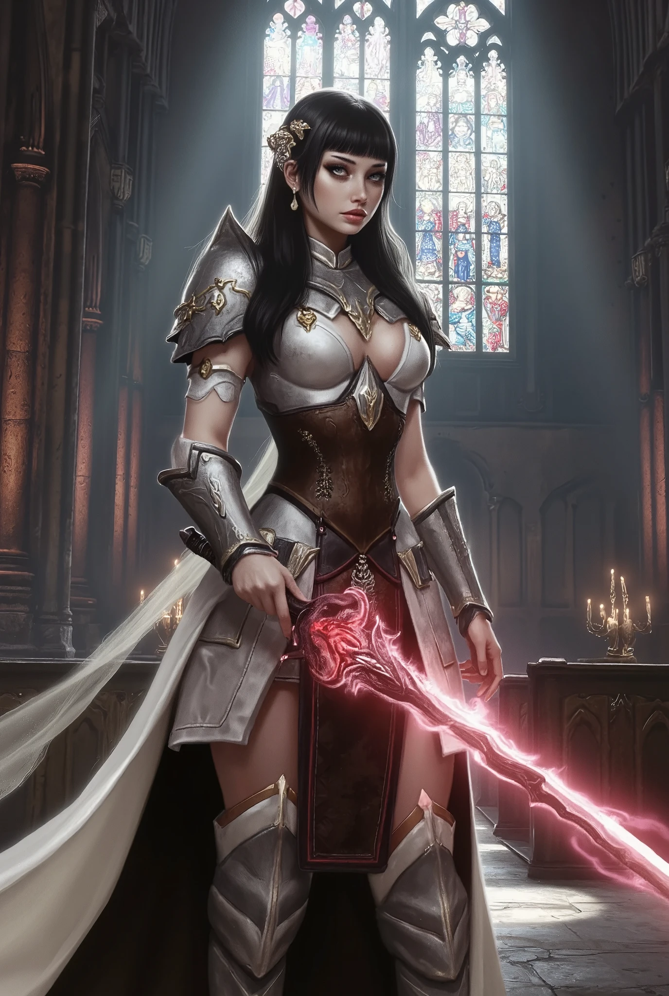 (Ultra-realistic, 32k, Masterpiece, High Quality, Detailed Realistic Background, Official Art, Realistic Lighting, filmfotos, film grain, reversal film photography). "A best quality, HDR, photorealistic masterpiece capturing a female oriental knight standing resolutely in the center of a grand gothic cathedral. She is clad in full white armor adorned with intricate gold embellishments that glisten under the soft, focused beams of light streaming through tall stained-glass windows. Her long black hair cascades gracefully, with bangs framing her determined face, accented by delicate earrings that catch the ambient light. She grips the hilt of a legendary sword, its ominous red blade casting an ethereal glow over her armor. The cathedral’s towering arches and ancient stonework set a dark fantasy tone, with shadows and highlights creating a mesmerizing interplay. The composition, captured in a cowboy shot, frames her powerful stance and the intricate details of her armor and glowing sword, evoking a cinematic atmosphere. The scene combines dramatic lighting and meticulous, high-definition detail, embodying a moment from a dark fantasy film, hkstyle."