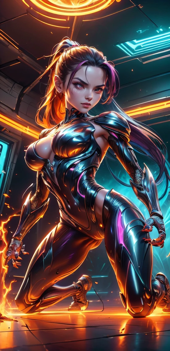 From below, kneeling, Shattered glass, Full body portrait, Milf, 1girl, evil look, sexy, claws, demoness, see-through panties, high ponytail hair, plasma filiments, flames, red hues, scifi, purple hues, facepaint, red glowing eyes, dynamic combat stance,  dark aura, menacing, psychotic, highly detailed, vibrant appearance, creative behavior, imaginative, sensual, spontaneous, highest quality, skin texture, intricate details, (cinematic lighting), RAW photo, 8k, masterpiece,best quality,ultra-detailed,very detailed illustrations,extremely detailed,intricate details,highres,super complex details,extremely detailed 8k cg wallpaper,