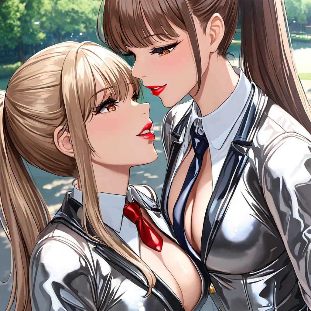  2 girls buttoned in extremely tight shiny silver latex blouse,Necktie, jeanshose, Lens reflection, Reflected light, Close-up, set in the park, Light brown hair,  ponytail ,Make-up,  seductive smile , Red lips, kiss