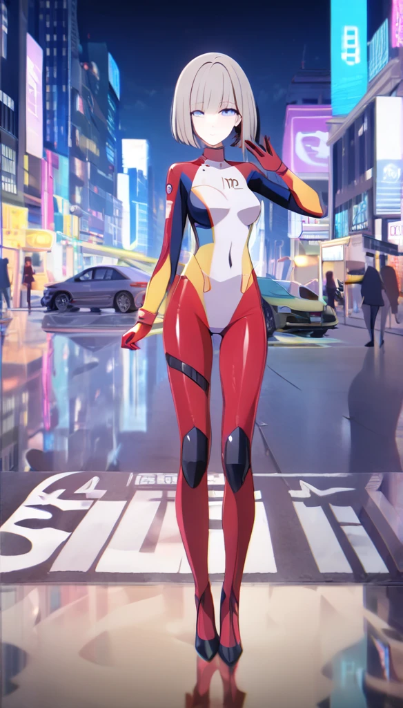 (Multiple girls),(最High image quality, 8k, masterpiece:1.3), (24 years old:1.5), (Grey Hair), ( bob cut ), (Oblique sky blue eyes), ((Full body enamel suit、blue、yellow line、no zipper 、 rubber suit、Gloss、reflection、Perfect fit、Full body shot、City、bustling street)), ([Ultra Clear:1.5), (Glossのある肌:1.1),(Pale skin:1.1),High image quality、Clear contours