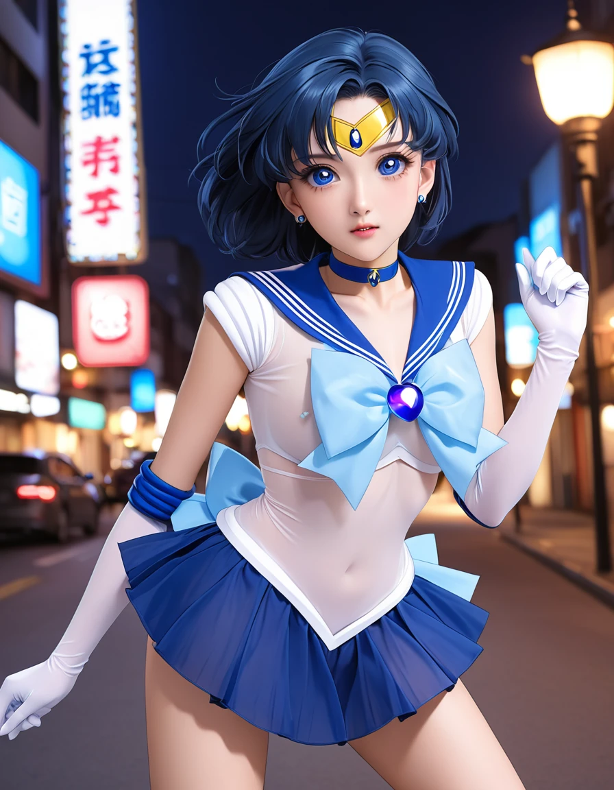 nsfw,(Perfect Anatomy)、Mastepiece、Ultra High Quality、 8k、masterpiece、Highest quality、Ultra-high resolution、Maximum resolution、Very detailed、Professional Lighting、anime、1girl,15歳、thin、Very beautiful face、Very beautiful eyes、(Highly detailed eye)、Highly detailed face、Sailor Mercury、tiara,  rubber is 10 micrometers thick ultra-thin material , rubber Sailor Warrior uniform 、 rubber sheer blue skirt、Blue sailor collar、 rubber knee boots 、choker、 rubber white gloves 、blue choker、jewelry、Earrings、 rubber pleated skirt , gloves,Crisp cameltoe, See-Through Nipples 、 can be seen through 、Under street lights at night 、