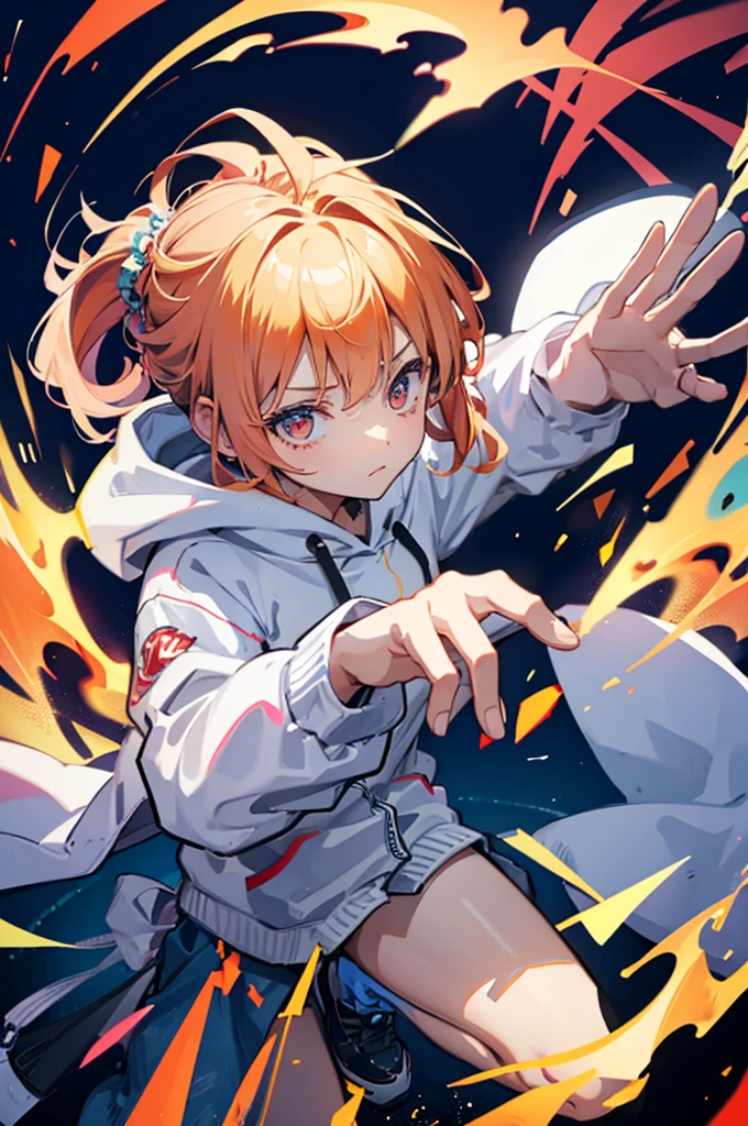  girl,Flames from hands,( smaller),Looks strong, hoodie,A relaxed expression